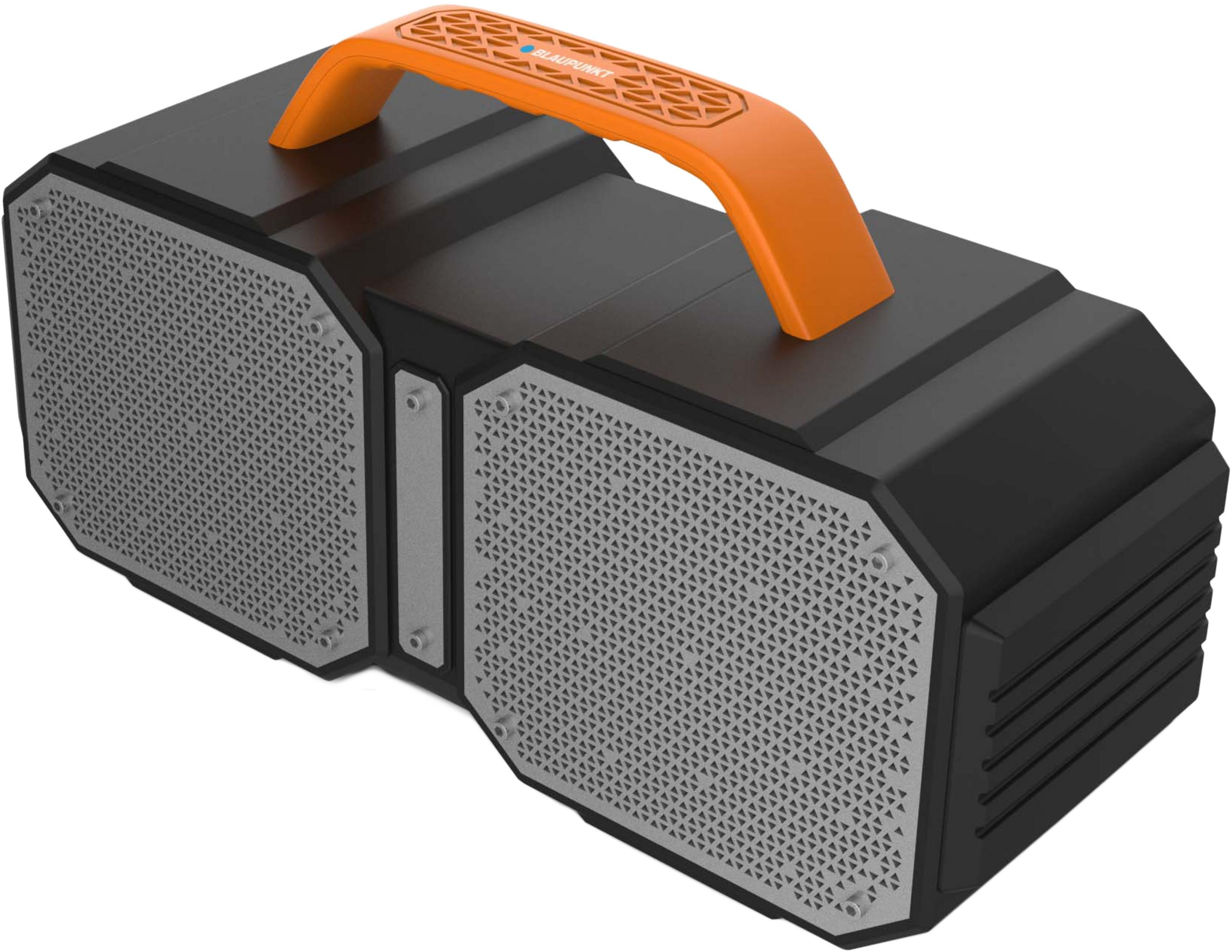 Ein schwarzer und grauer tragbarer Bluetooth-Lautsprecher mit einem orangefarbenen Griff.