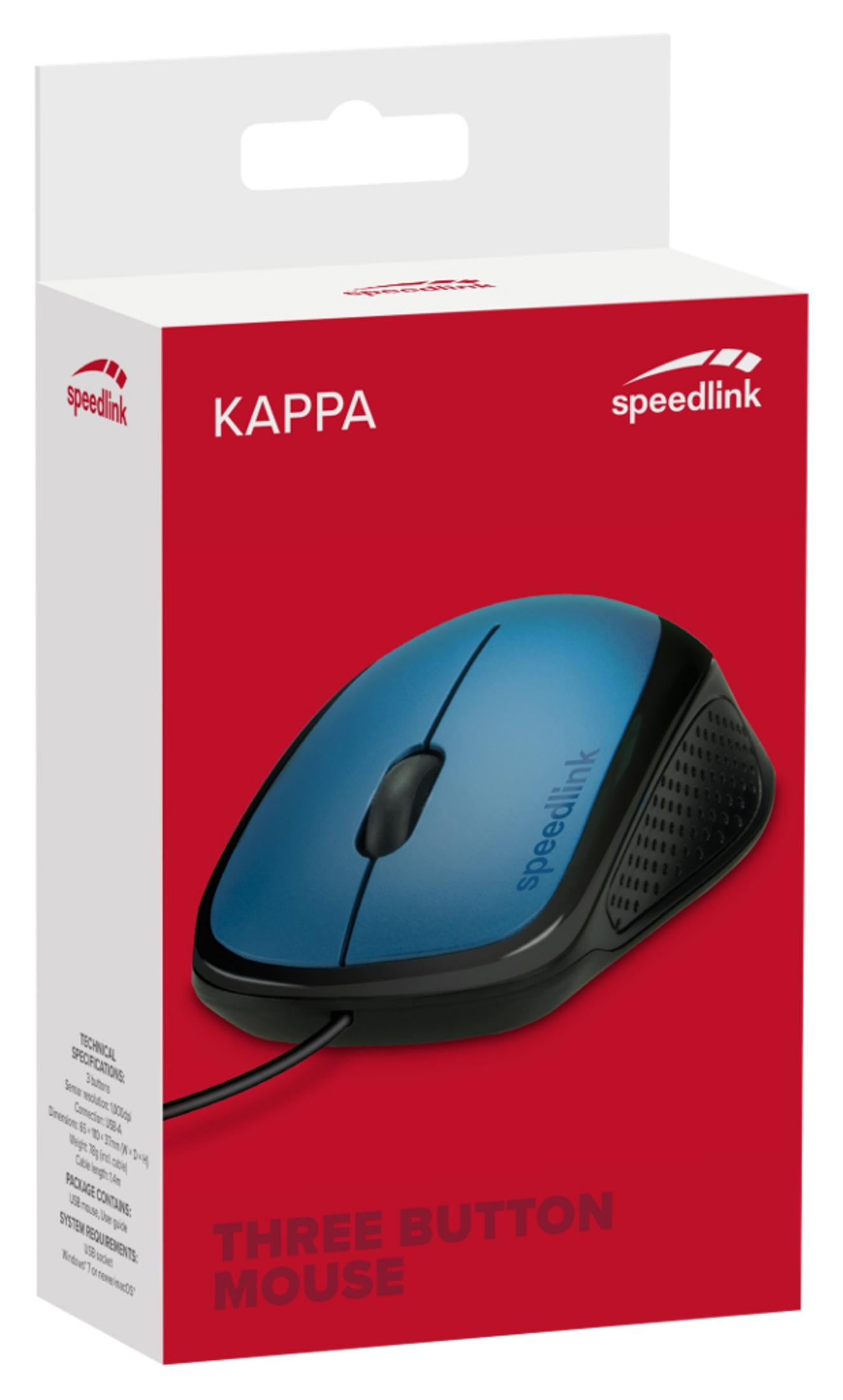 Rot-weiße Verpackung einer blauen Speedlink Kappa 3-Tasten-Maus.