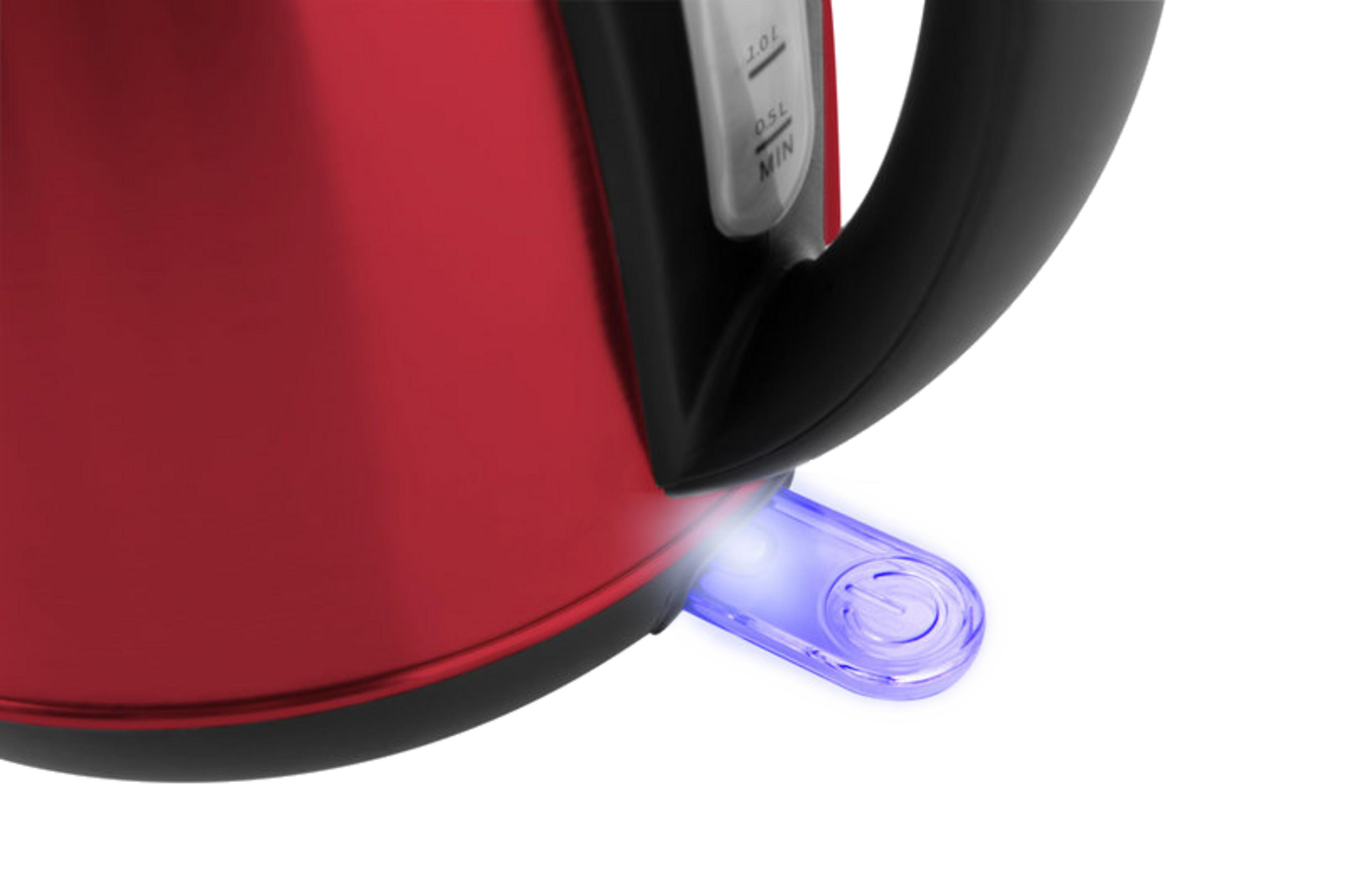 Close-up eines roten elektrischen Wasserkochers mit schwarzem Griff und blauem Leuchtschalter auf weißem Hintergrund.