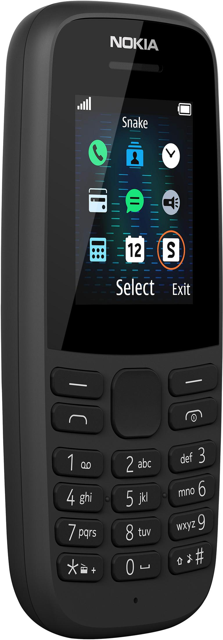 Czarny telefon komórkowy Nokia z kolorowym wyświetlaczem, na którym wybrano grę Snake.