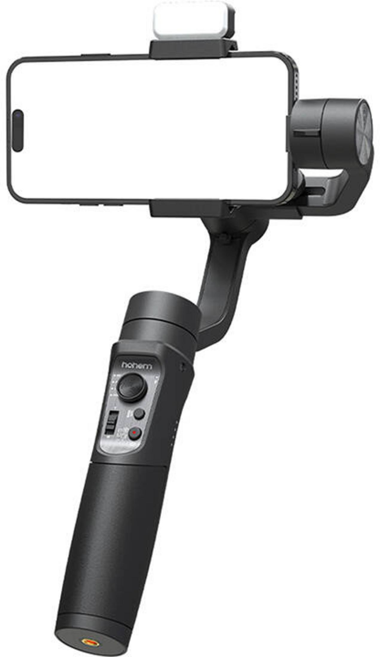 Czarny gimbal do smartfona z zamontowanym telefonem i światłem LED na białym tle.