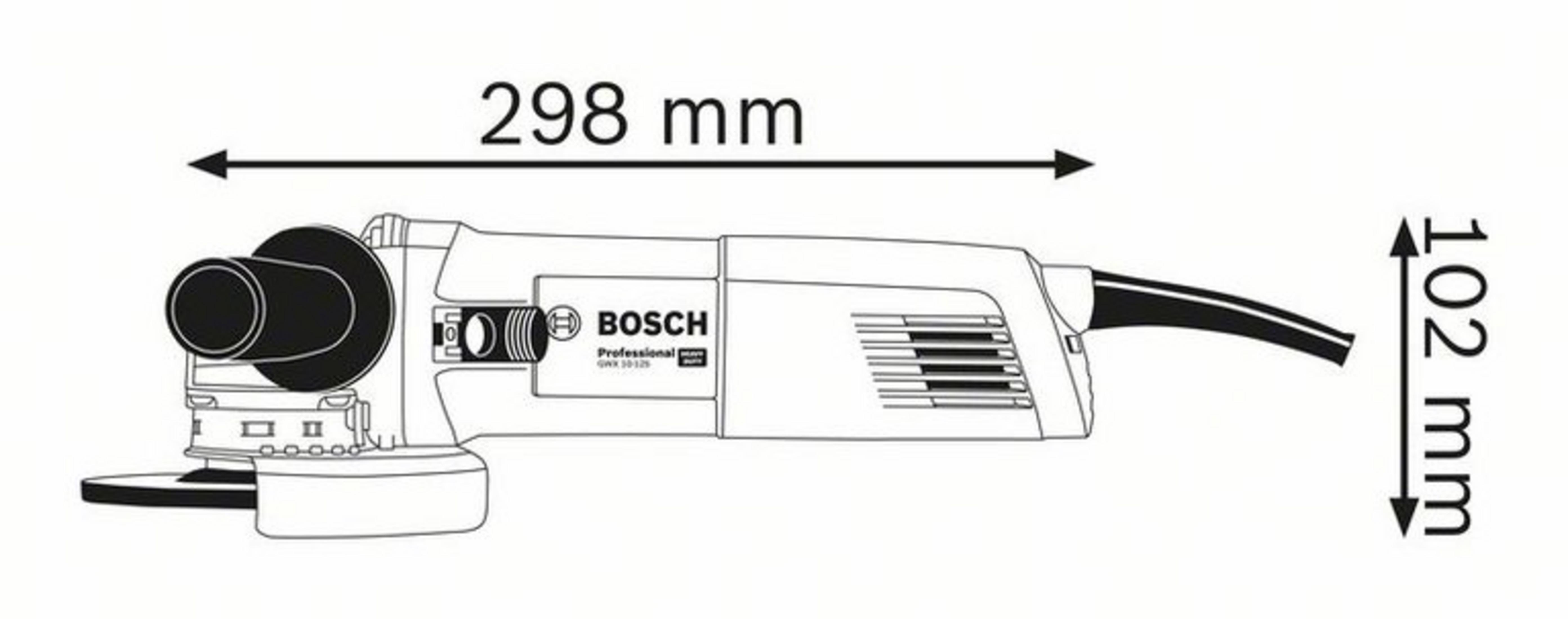 Dibujo técnico de una amoladora angular Bosch con dimensiones de 298 mm de largo y 102 mm de alto.