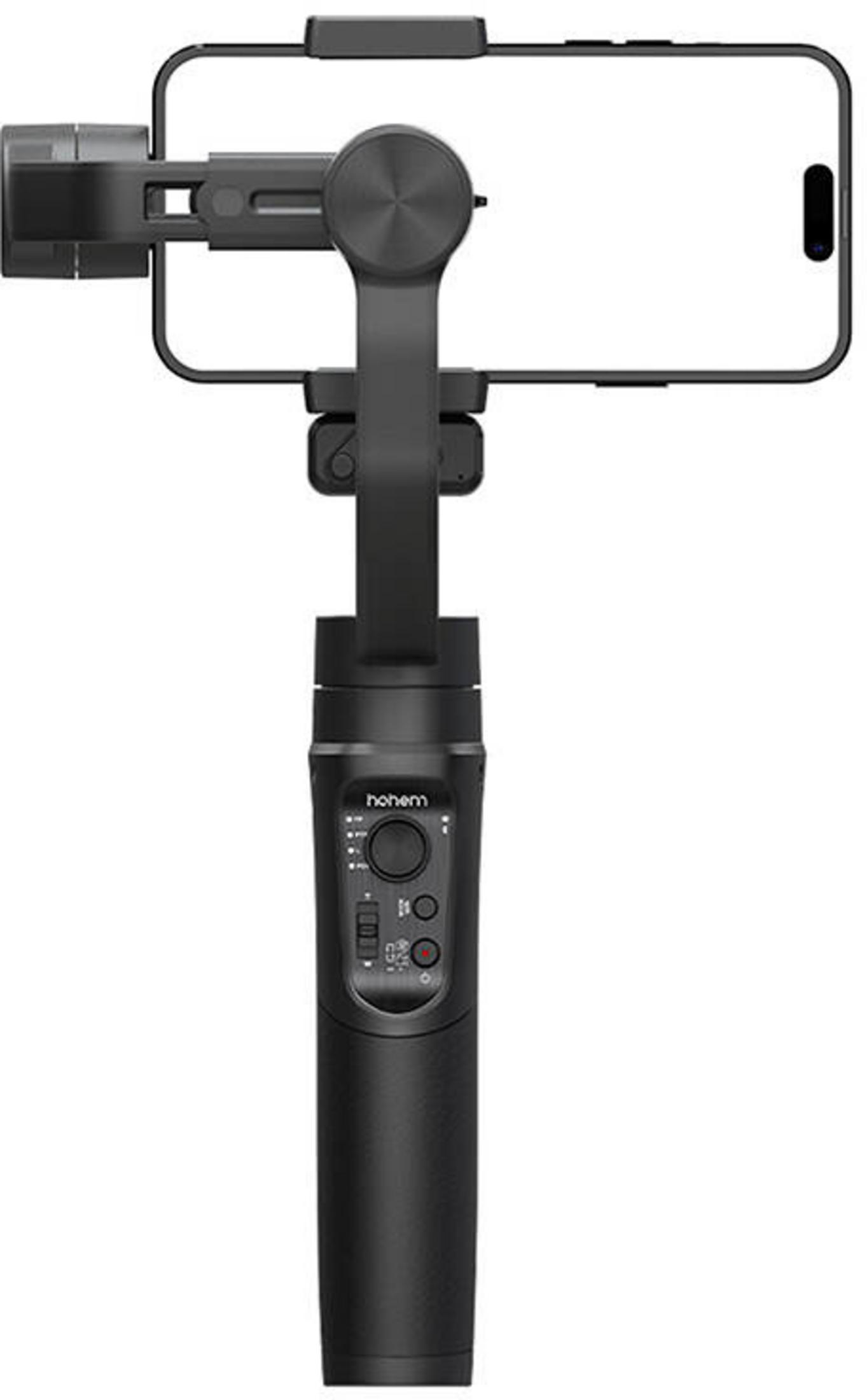 Czarny smartfon zamocowany na zmotoryzowanym stabilizatorze z przyciskami sterującymi i uchwytem.