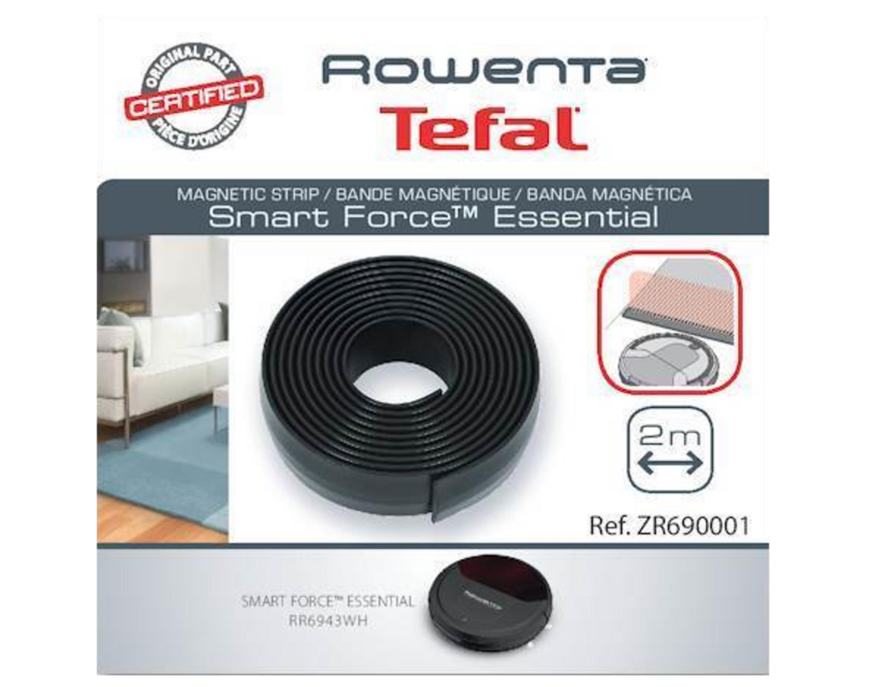 Confezione di nastro magnetico Rowenta Tefal con nastro nero arrotolato e grafica di robot aspirapolvere.