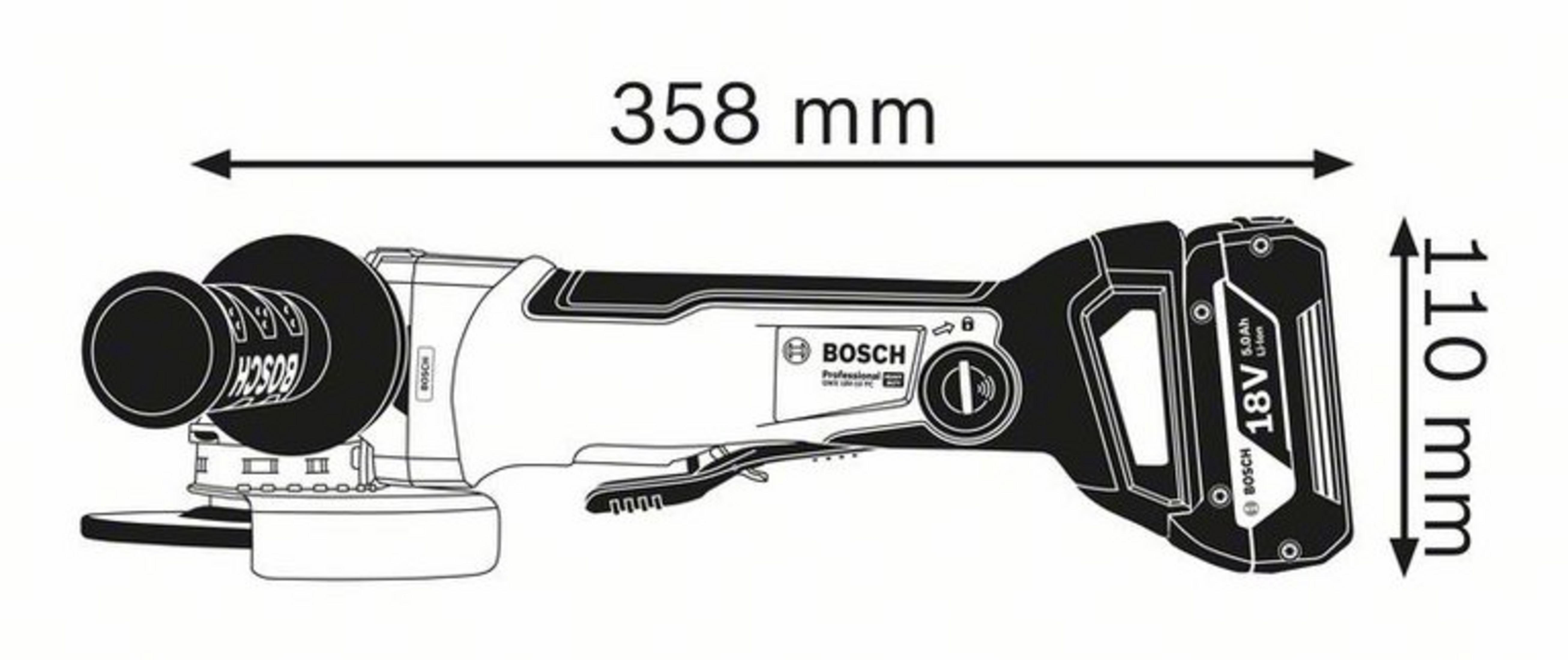 Dibujo técnico de una amoladora angular inalámbrica Bosch con dimensiones de 358 mm de largo y 110 mm de alto.