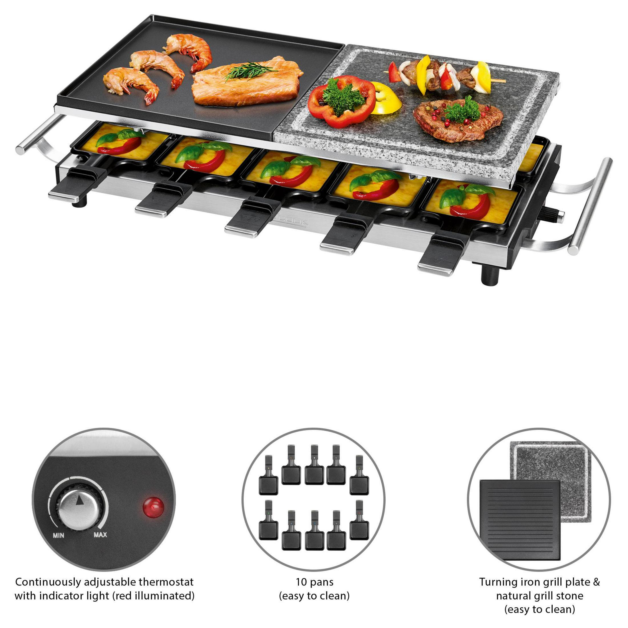 Ein Raclette-Grill mit Metallplatte, Steinplatte, zehn Pfännchen unten und Thermostat.