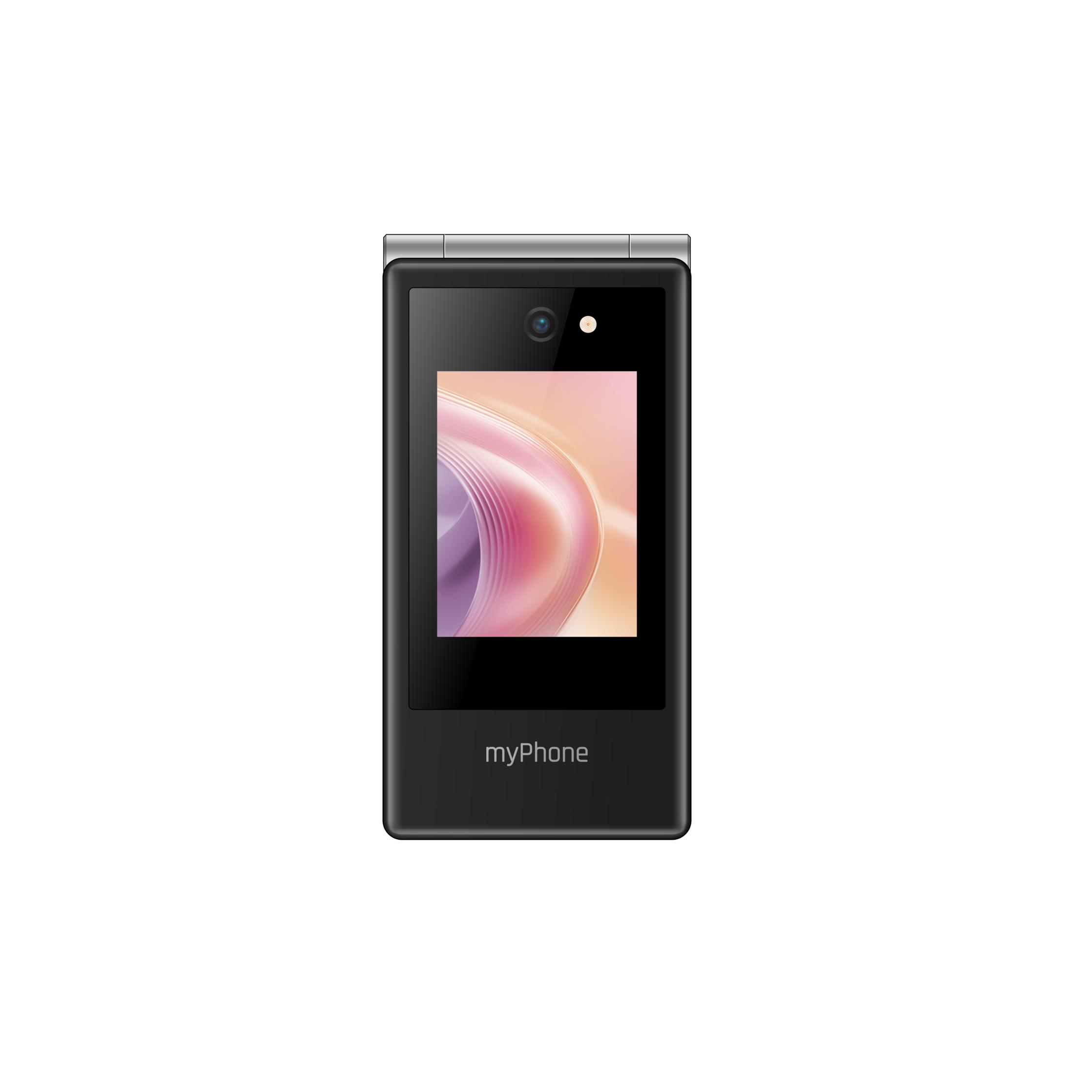 Un telefono cellulare a conchiglia nero myPhone con un piccolo display esterno e una fotocamera su sfondo bianco.