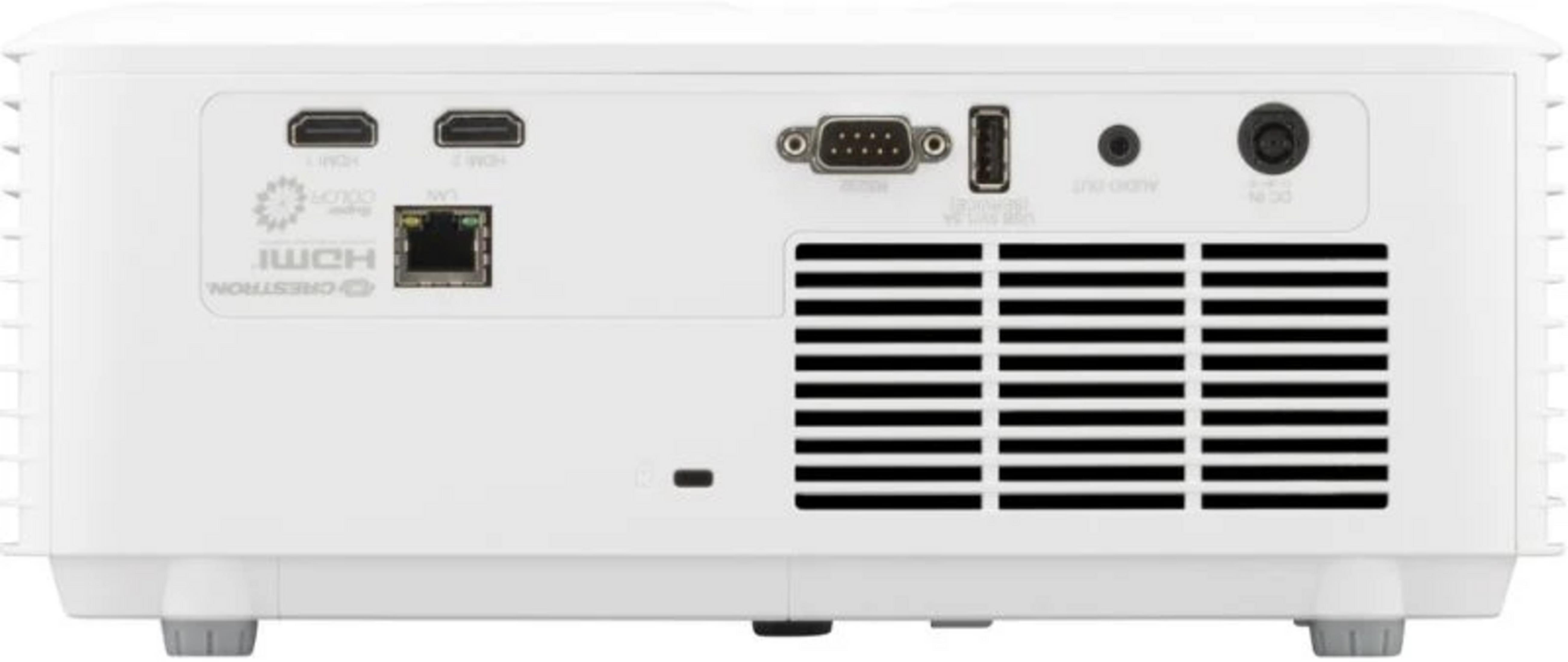 Pannello posteriore di un proiettore bianco con porte HDMI, LAN, VGA, USB, audio, alimentazione e griglie.