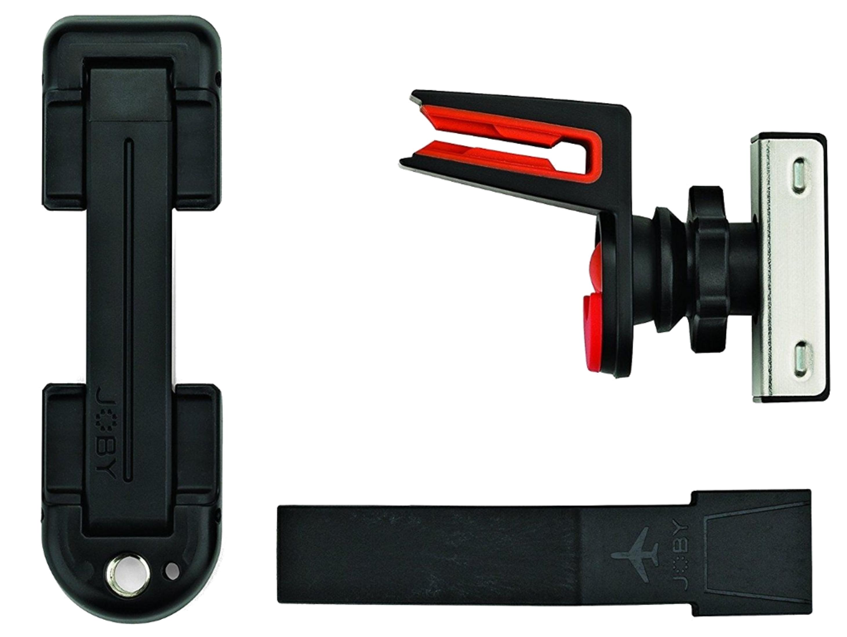 Schwarze und rote Joby Autohalterung mit Klemme und Ständer auf weißem Hintergrund.