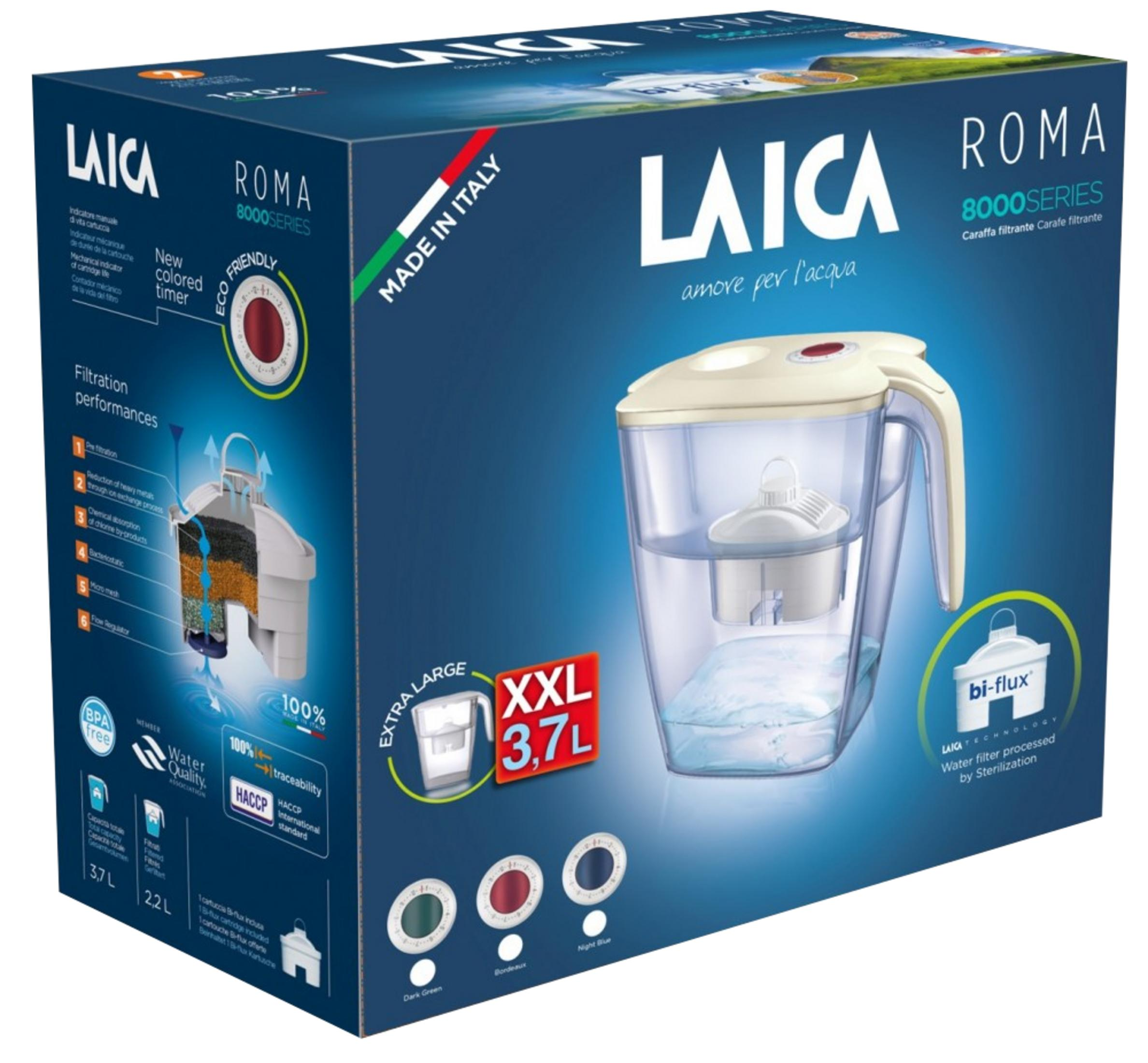 Blaue Laica Roma Wasserfilter-Verpackung mit Bild einer großen, gefüllten Kanne und Filterdetails.