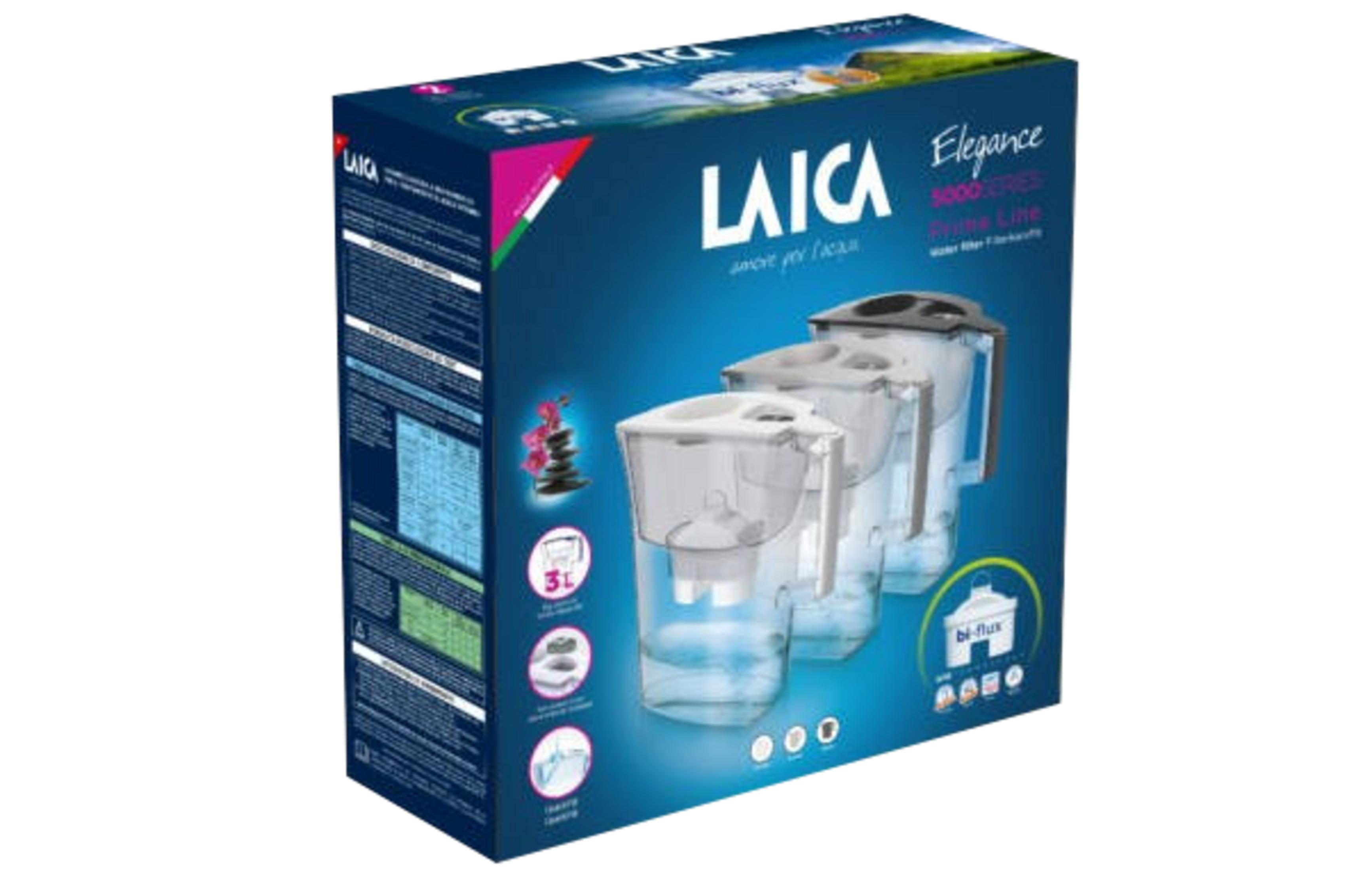 Scatola di prodotto blu di un filtro per acqua Laica Elegance Serie 5000 con immagini di caraffe.