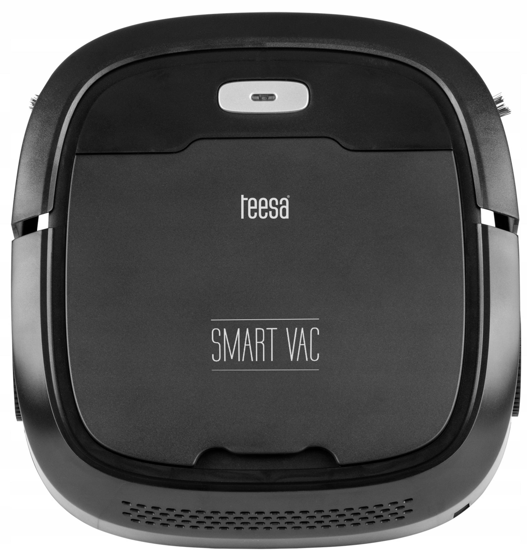 Czarny robot sprzątający Teesa Smart Vac widziany od góry z logo marki i wskaźnikiem.