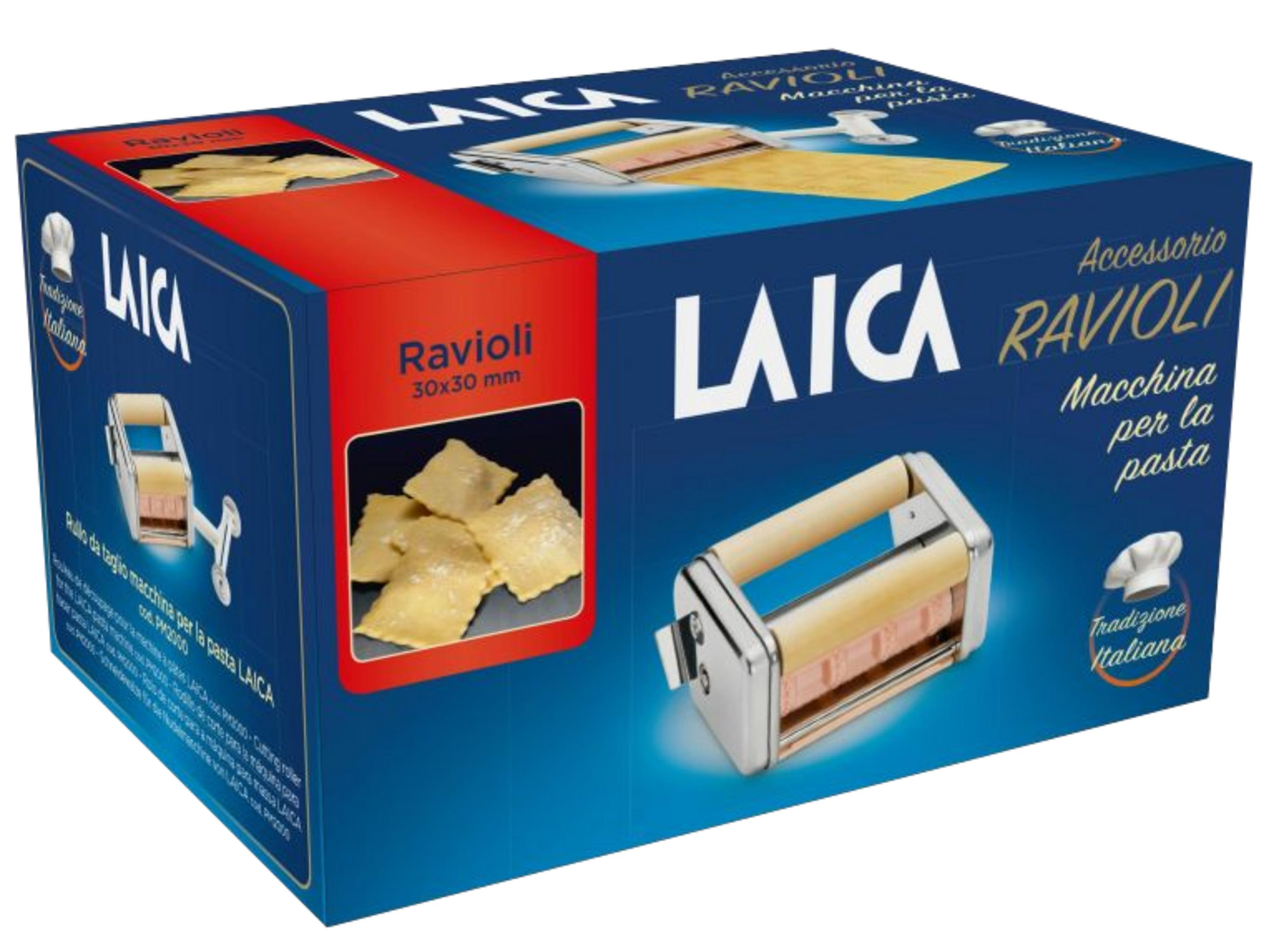 Caja de producto azul para un accesorio de raviolis Laica con fotos de la máquina y raviolis preparados.