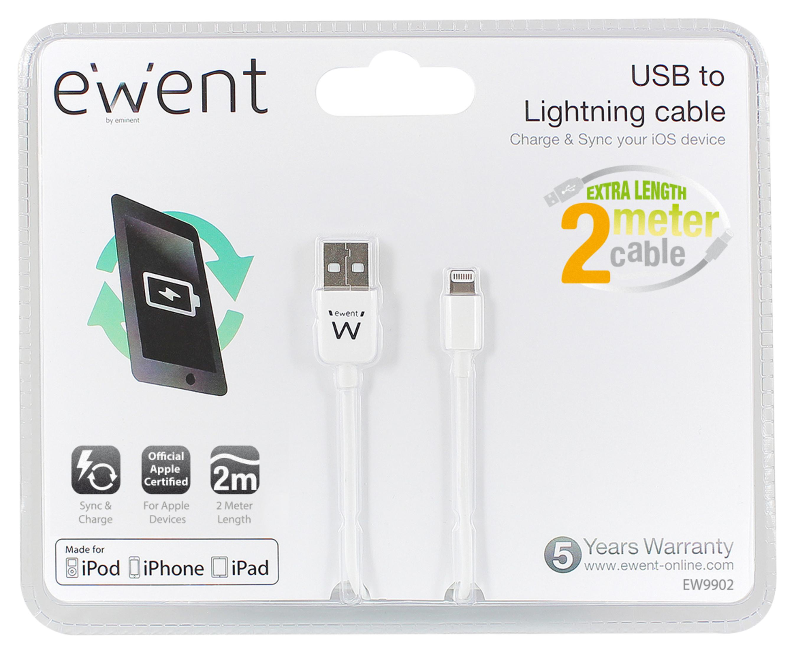 Cable USB a Lightning Ewent en envase de plástico de 2 metros.