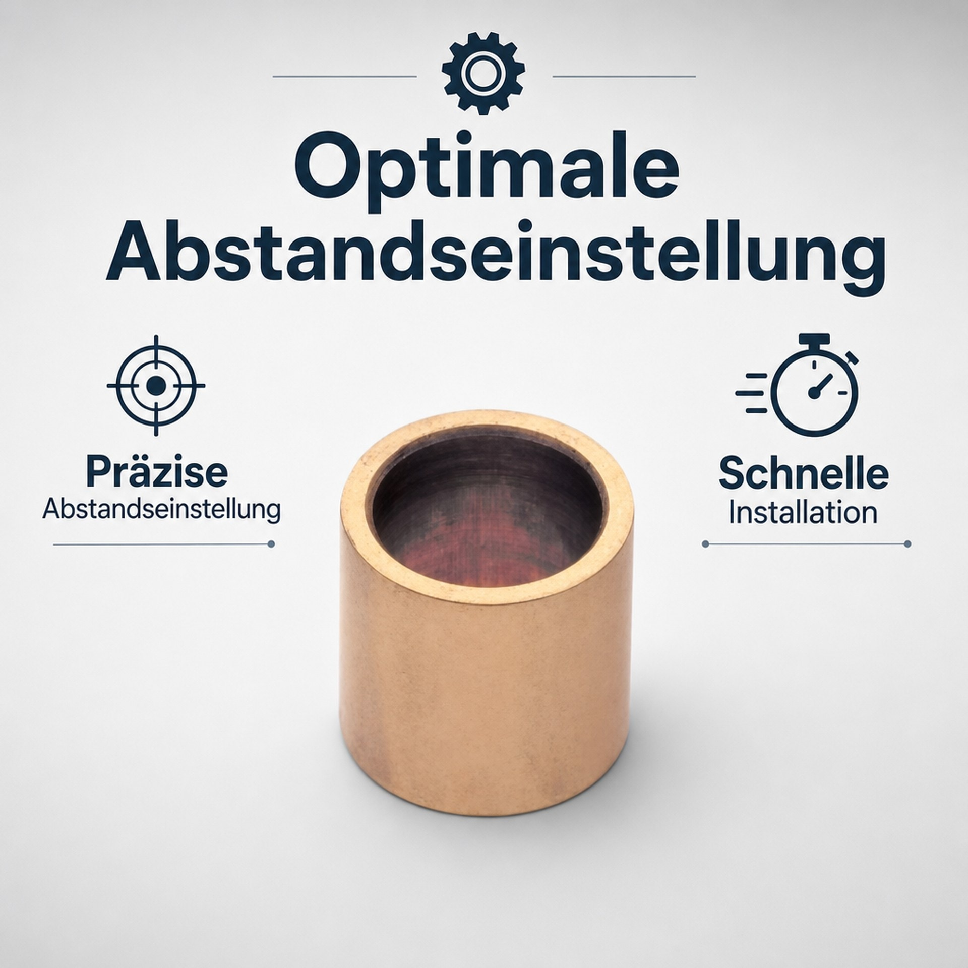 Una boccola in ottone su sfondo bianco con testo e icone che evidenziano precisione e rapida installazione.
