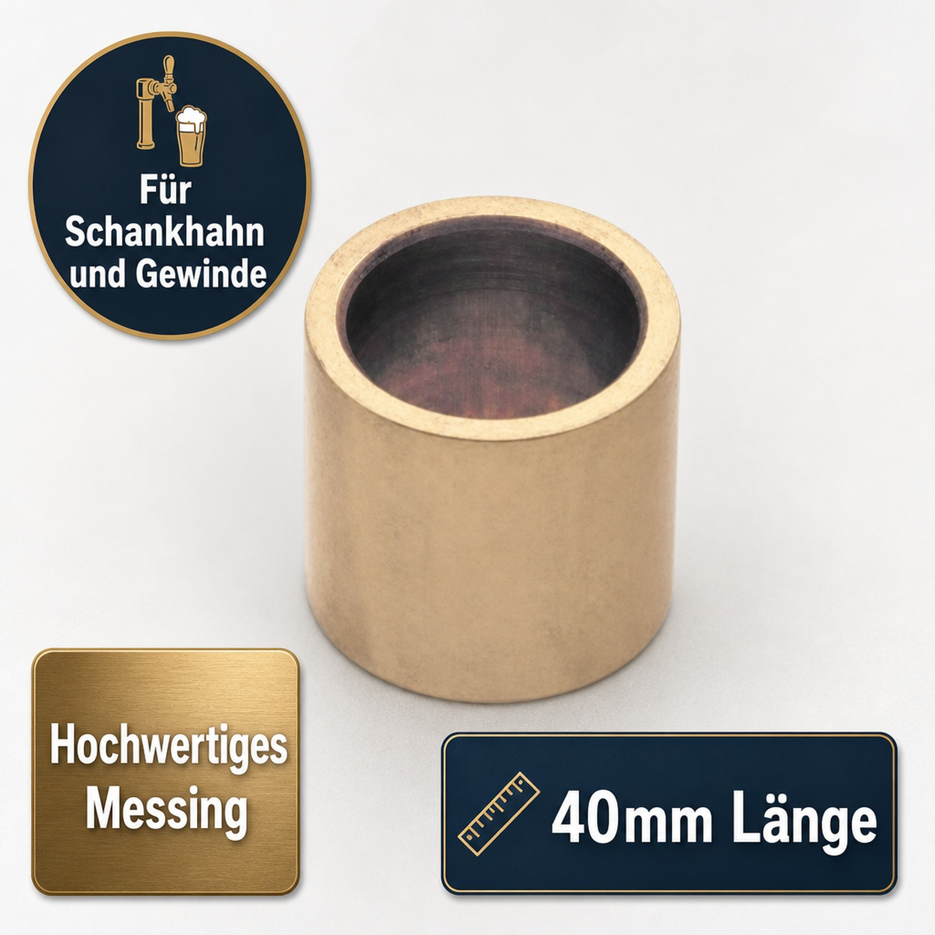 Una boccola in ottone con etichette che indicano 40 mm di lunghezza su sfondo bianco.