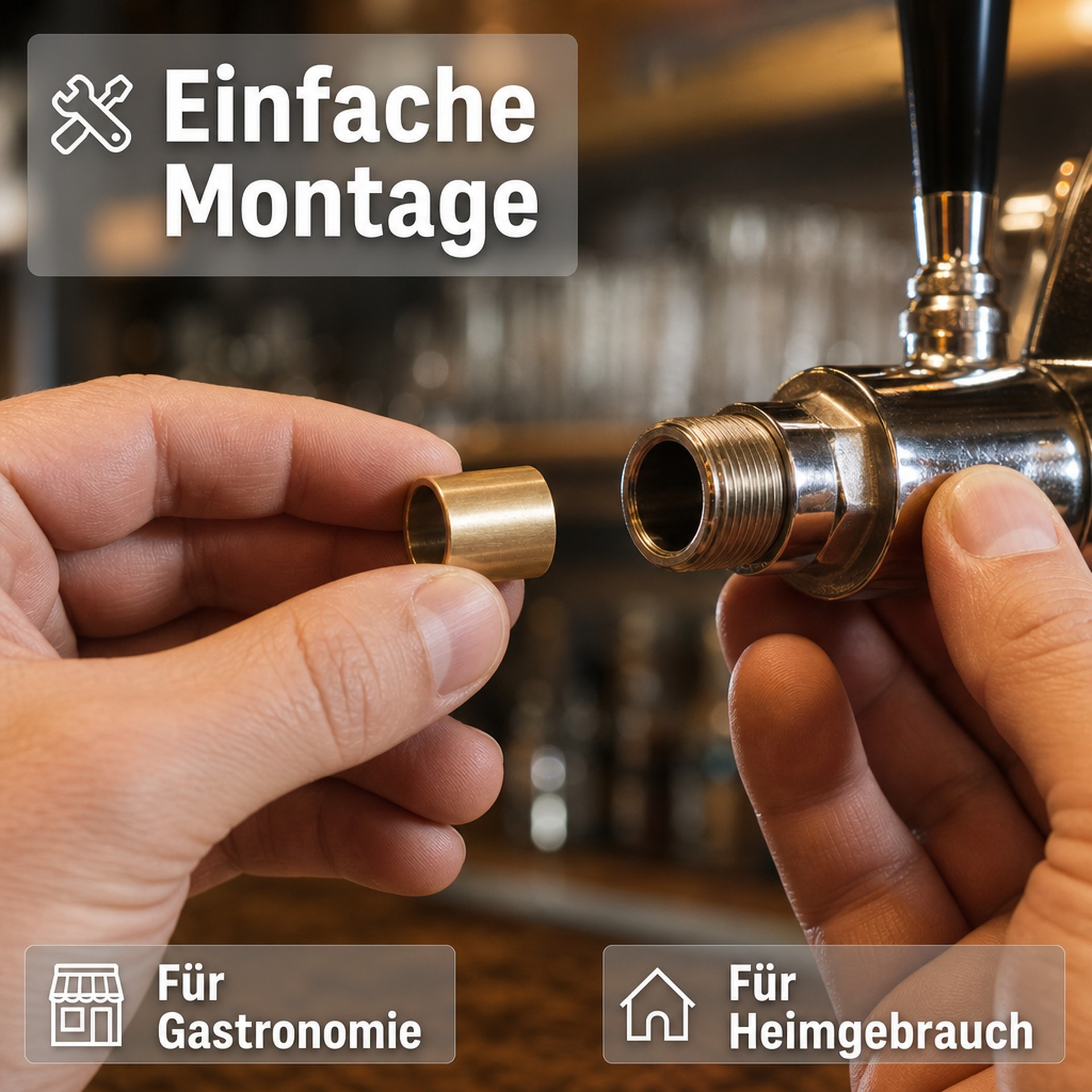 Mani che tengono un piccolo manicotto di metallo e un rubinetto di birra.