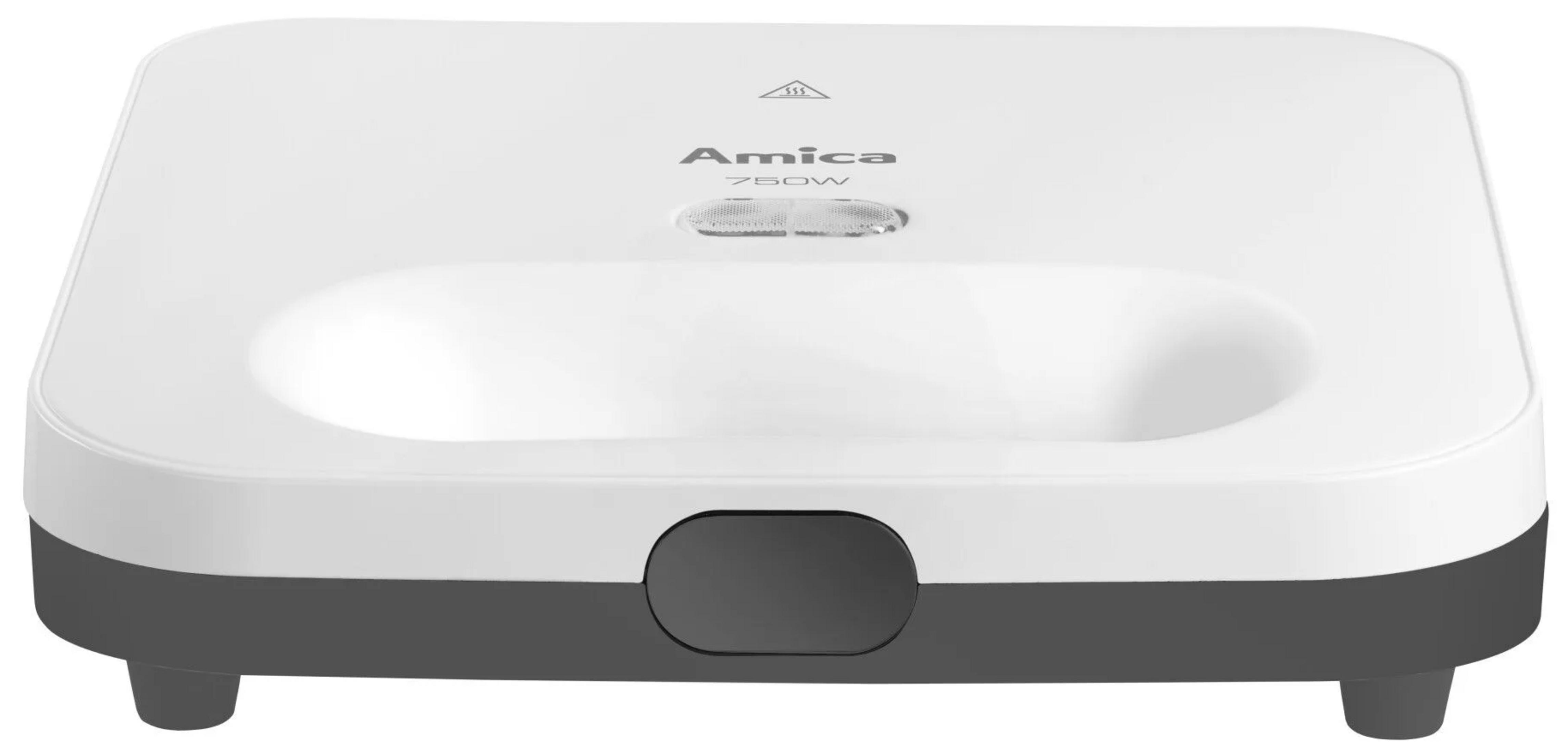 Una piastra per panini bianca Amica 750W con base grigia e chiusura anteriore.