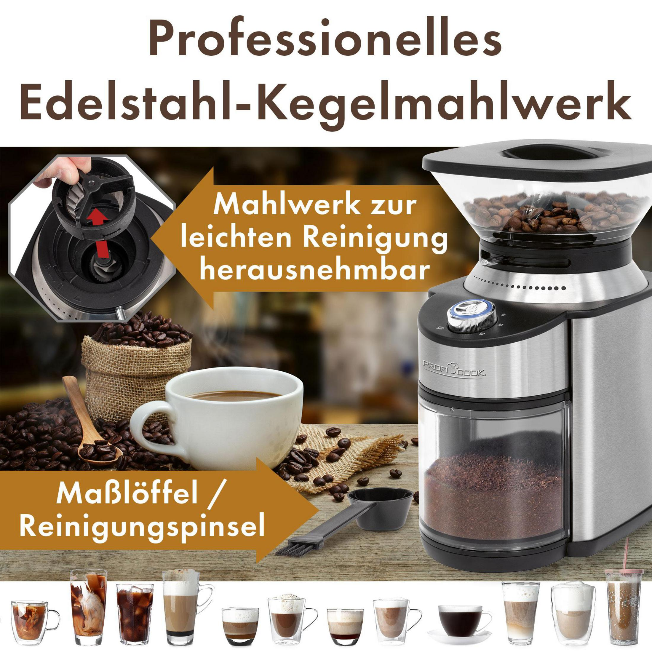 Molinillo de café de acero inoxidable con granos de café, taza de café y varias bebidas.