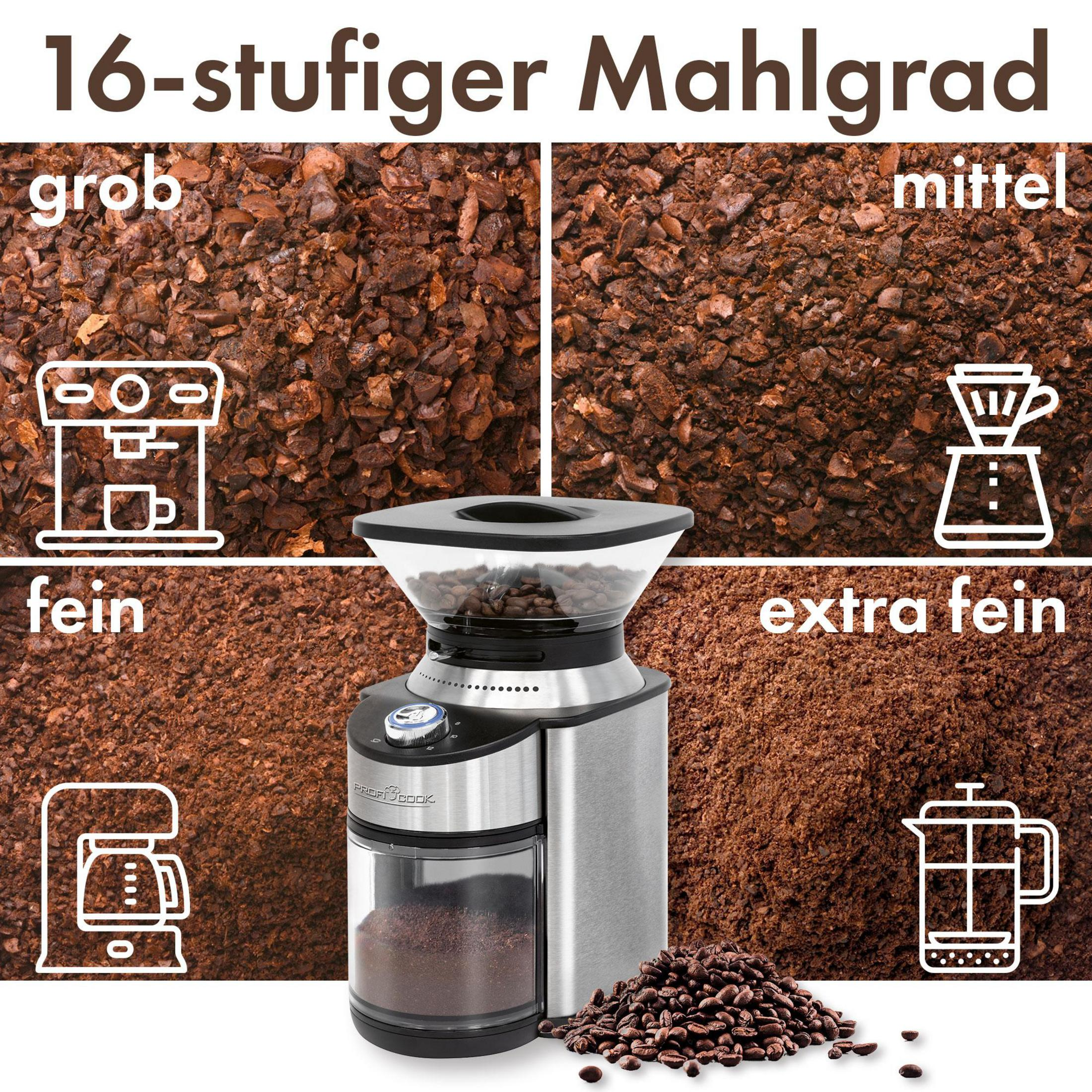 Molinillo de café con cuatro grados de molienda, desde grueso hasta extra fino.