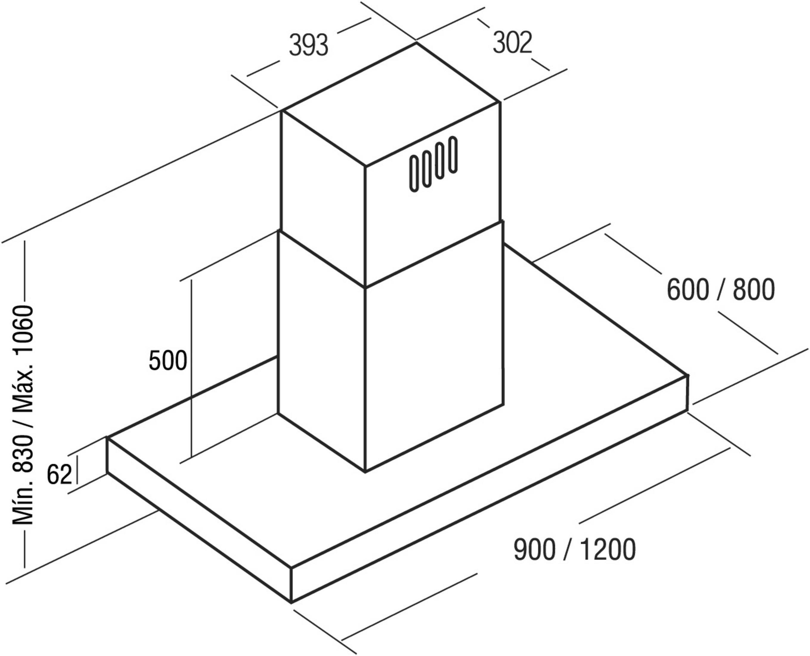 Dibujo técnico de una campana extractora con dimensiones en milímetros.