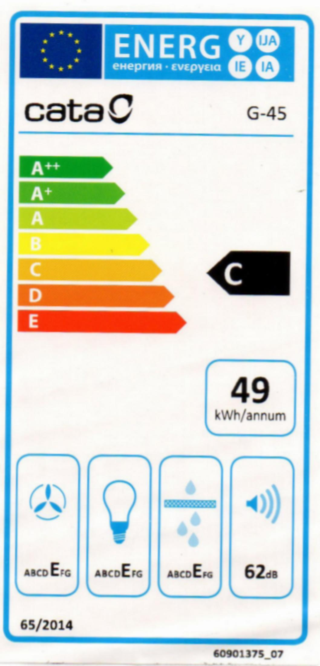 Etiqueta de eficiencia energética Cata G-45 que muestra la clase C y 49 kWh al año.