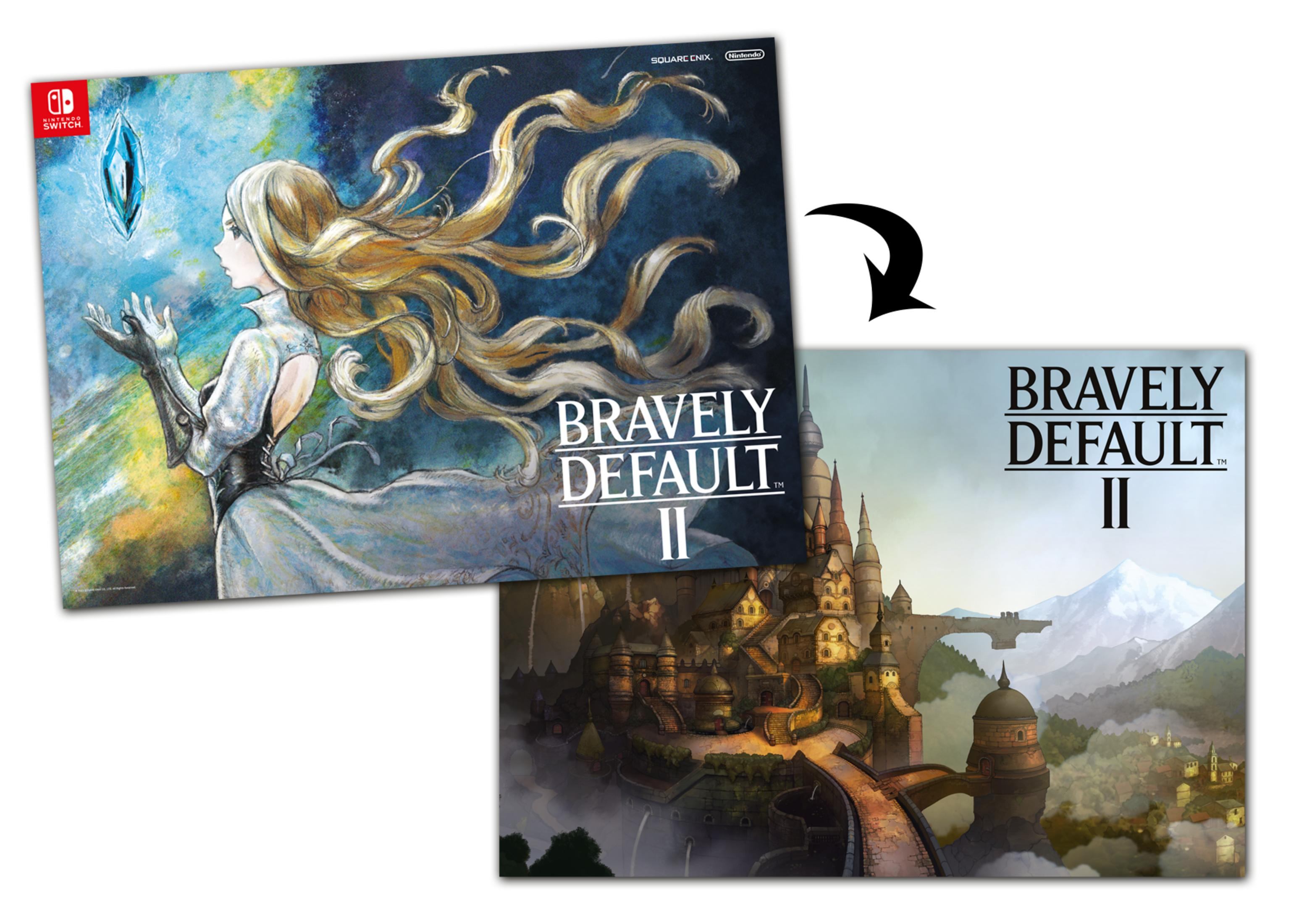 Due immagini di concept art per Bravely Default II con una donna bionda e una città fantastica.