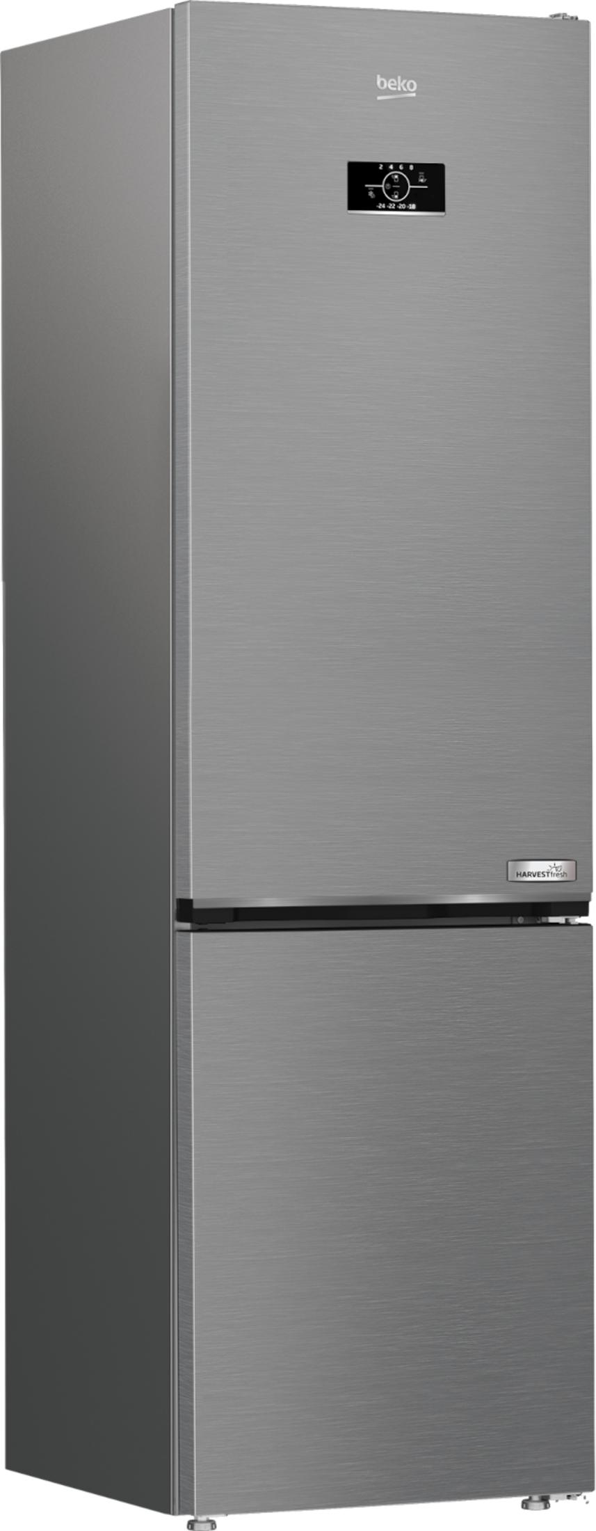 Ein silberner Beko-Kühlschrank mit digitalem Display und unterem Gefrierfach.