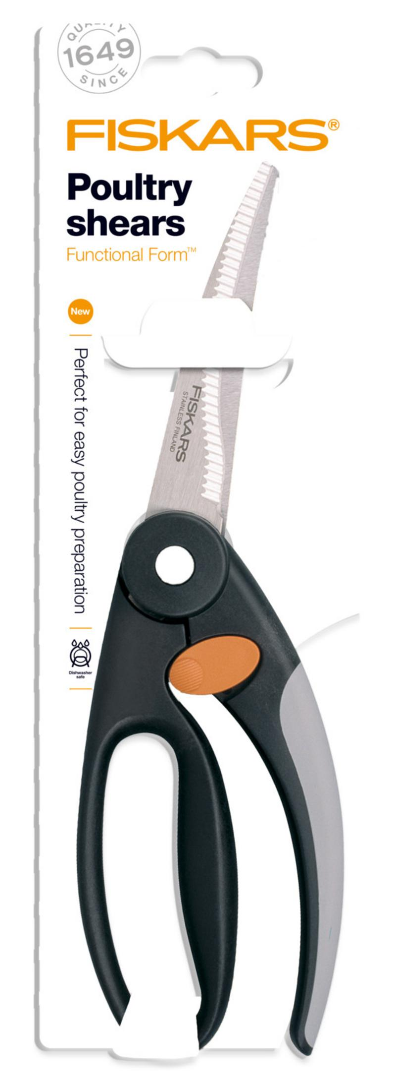 Fiskars Geflügelschere in Originalverpackung mit schwarzen und grauen Griffen.