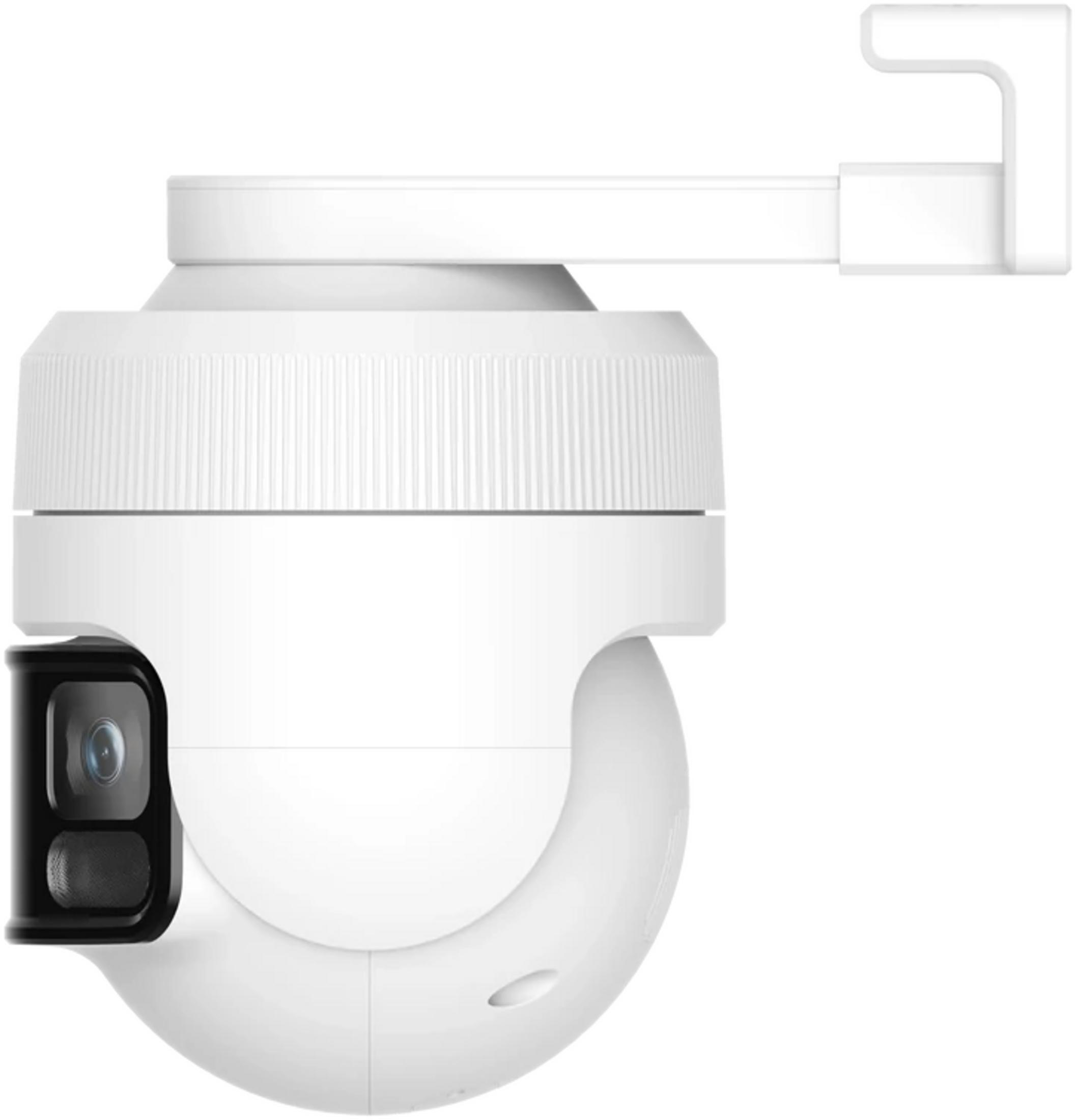 Una telecamera di sicurezza bianca con modulo lente nero e supporto superiore su sfondo bianco.