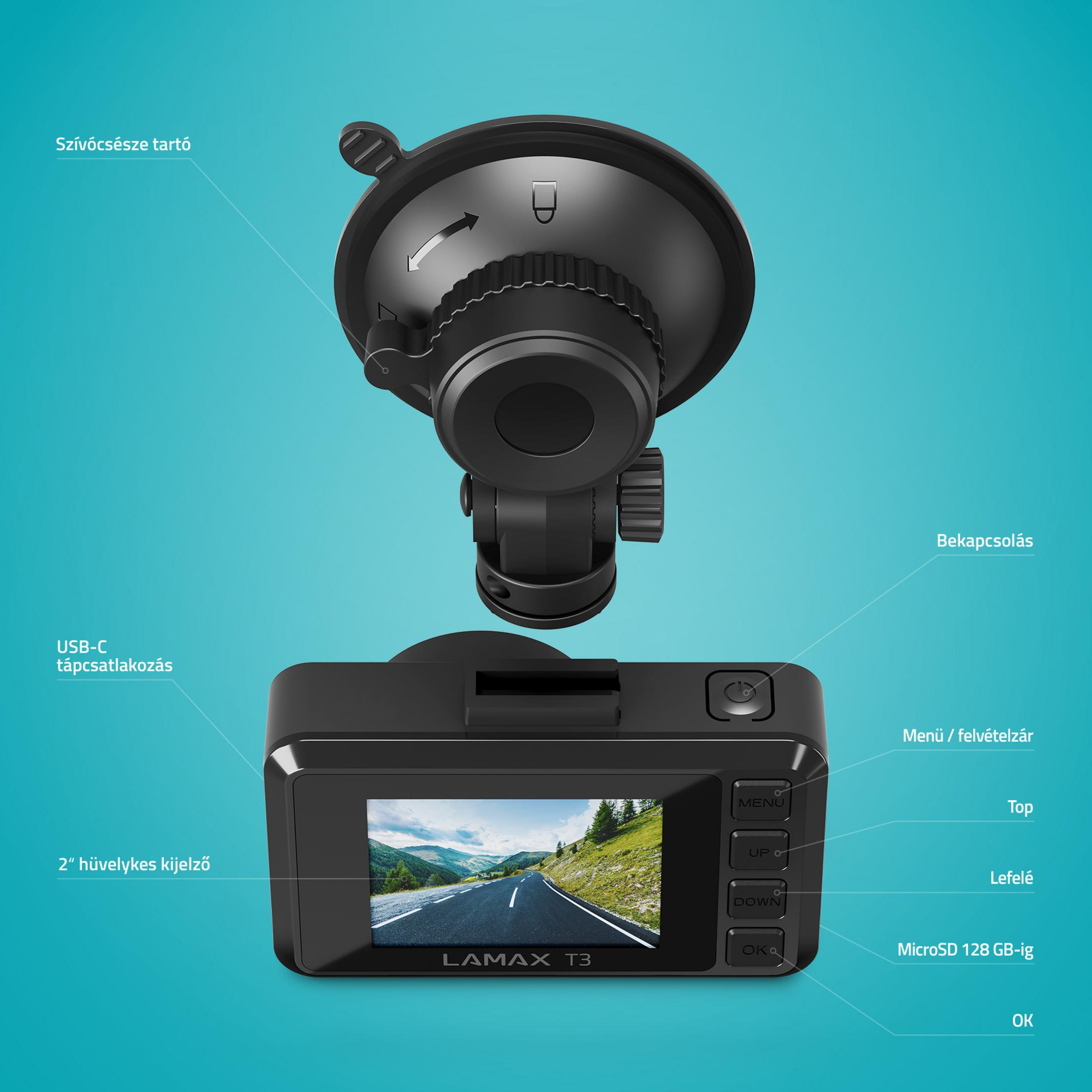 Eine schwarze Lamax T3 Dashcam mit Saugnapfhalterung und beschrifteten Tasten vor blauem Hintergrund.