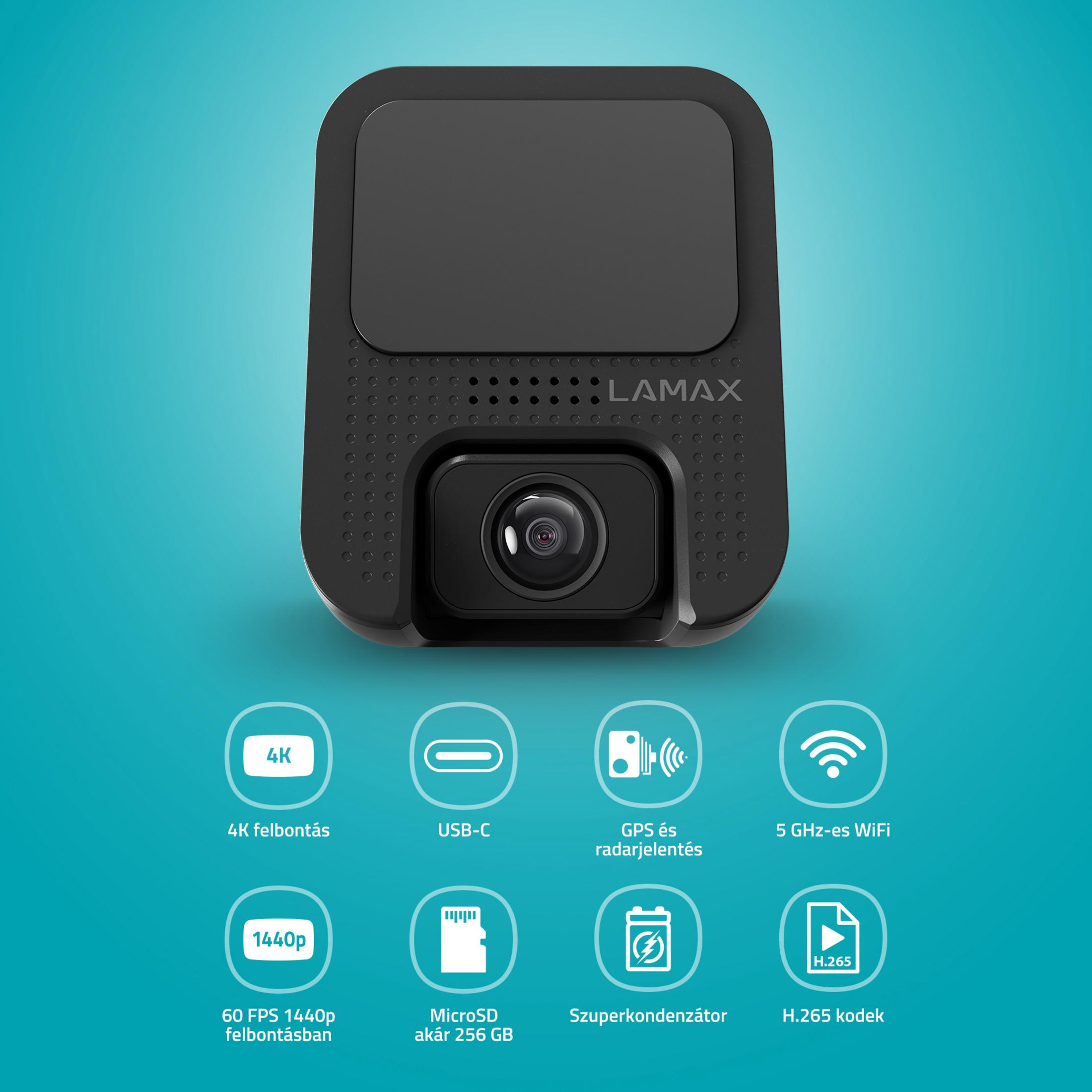 Schwarze Lamax Dashcam vor blauem Hintergrund, unten mit Symbolen für technische Spezifikationen.