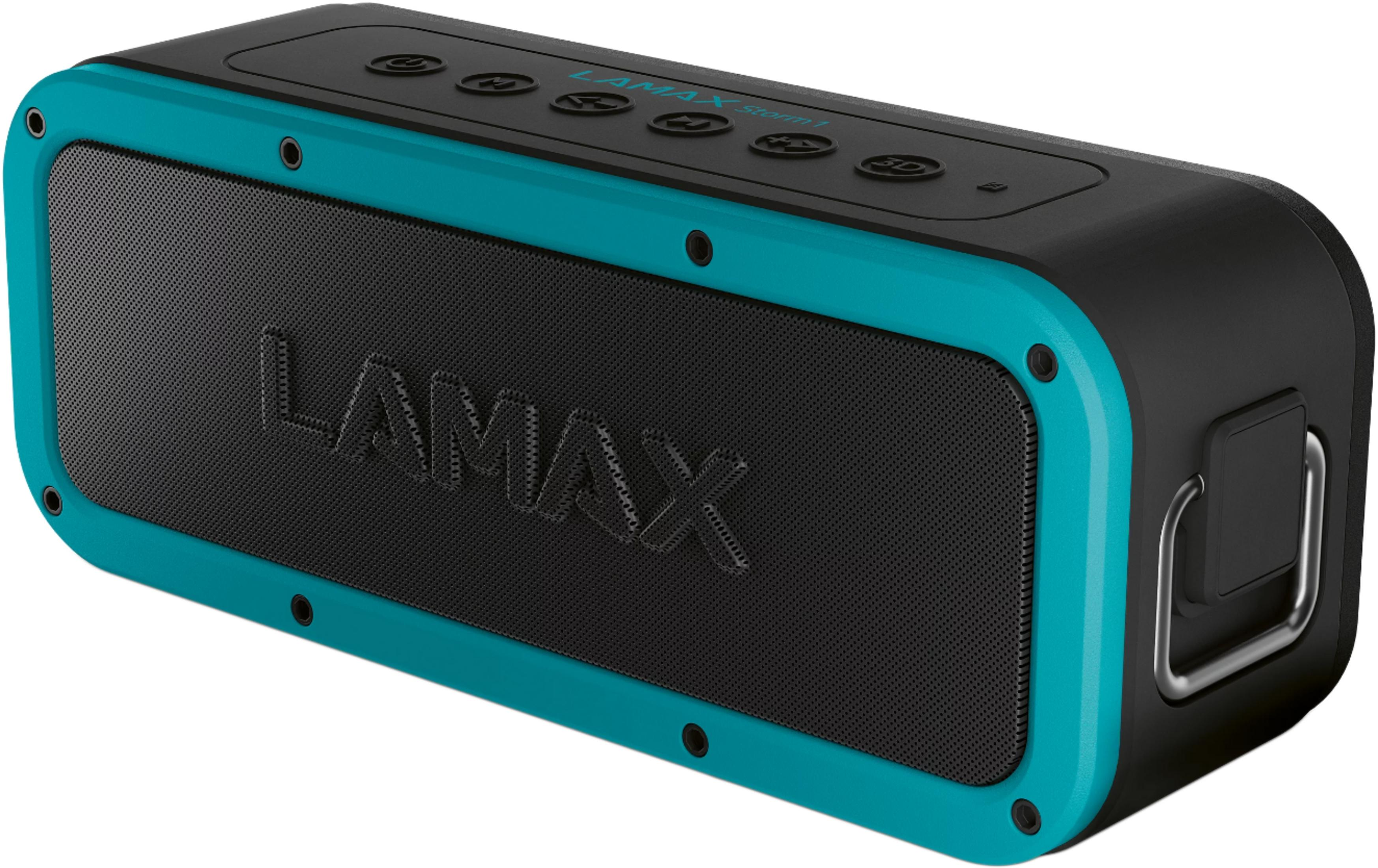 Ein schwarzer und türkisfarbener Lamax Bluetooth-Lautsprecher mit Knöpfen auf der Oberseite und Metallhenkel an der Seite.