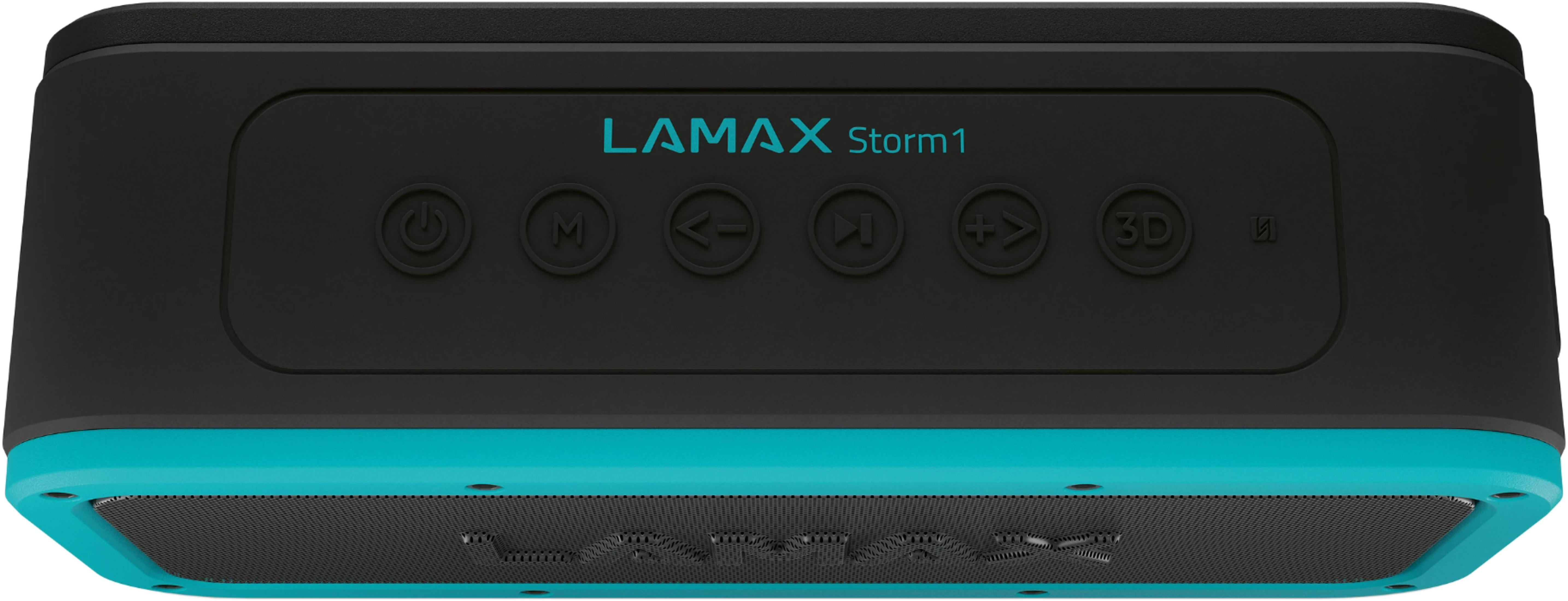 Lamax Storm 1 Bluetooth-Lautsprecher in Schwarz mit blauen Akzenten und oberen Bedienknöpfen.
