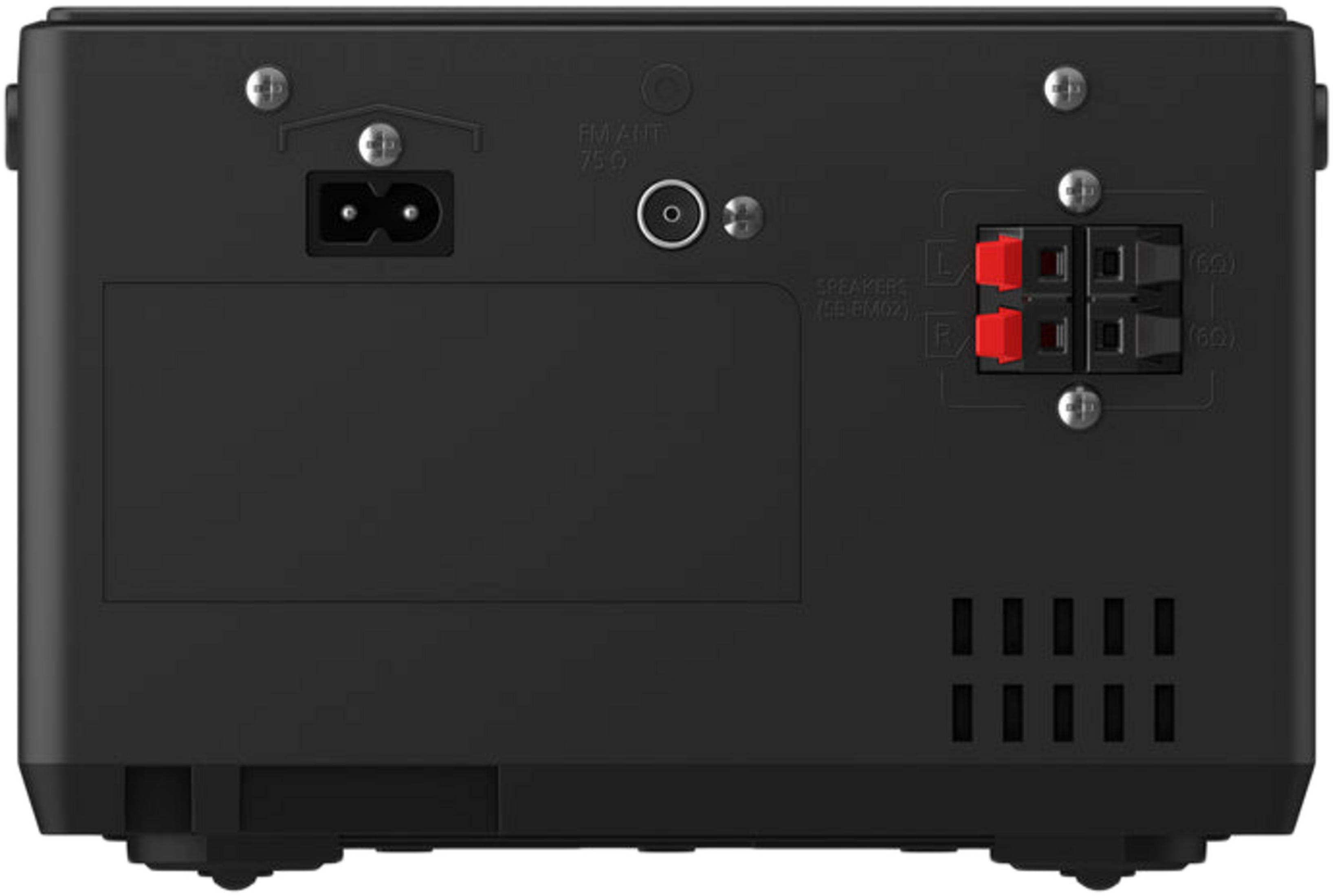 El panel trasero de un dispositivo de audio negro con puerto de alimentación, entrada de antena y terminales.