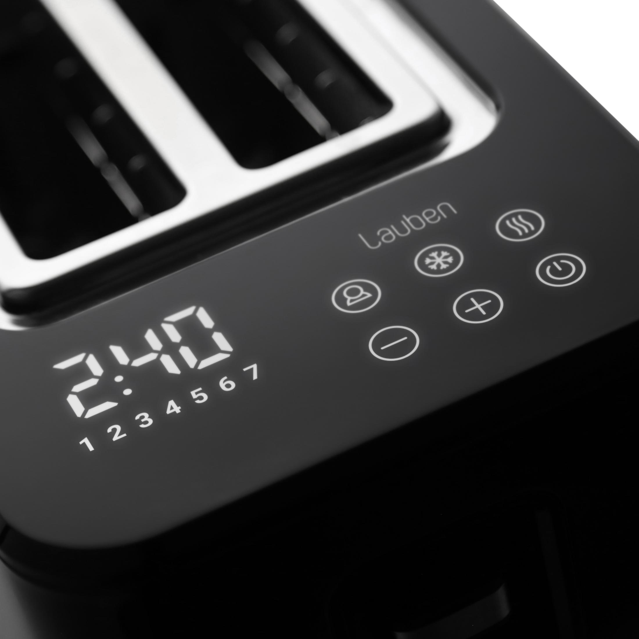 Nahaufnahme eines schwarzen Lauben-Toasters mit digitalem Display, das 2:40 anzeigt, und berührungsempfindlichen Tasten.