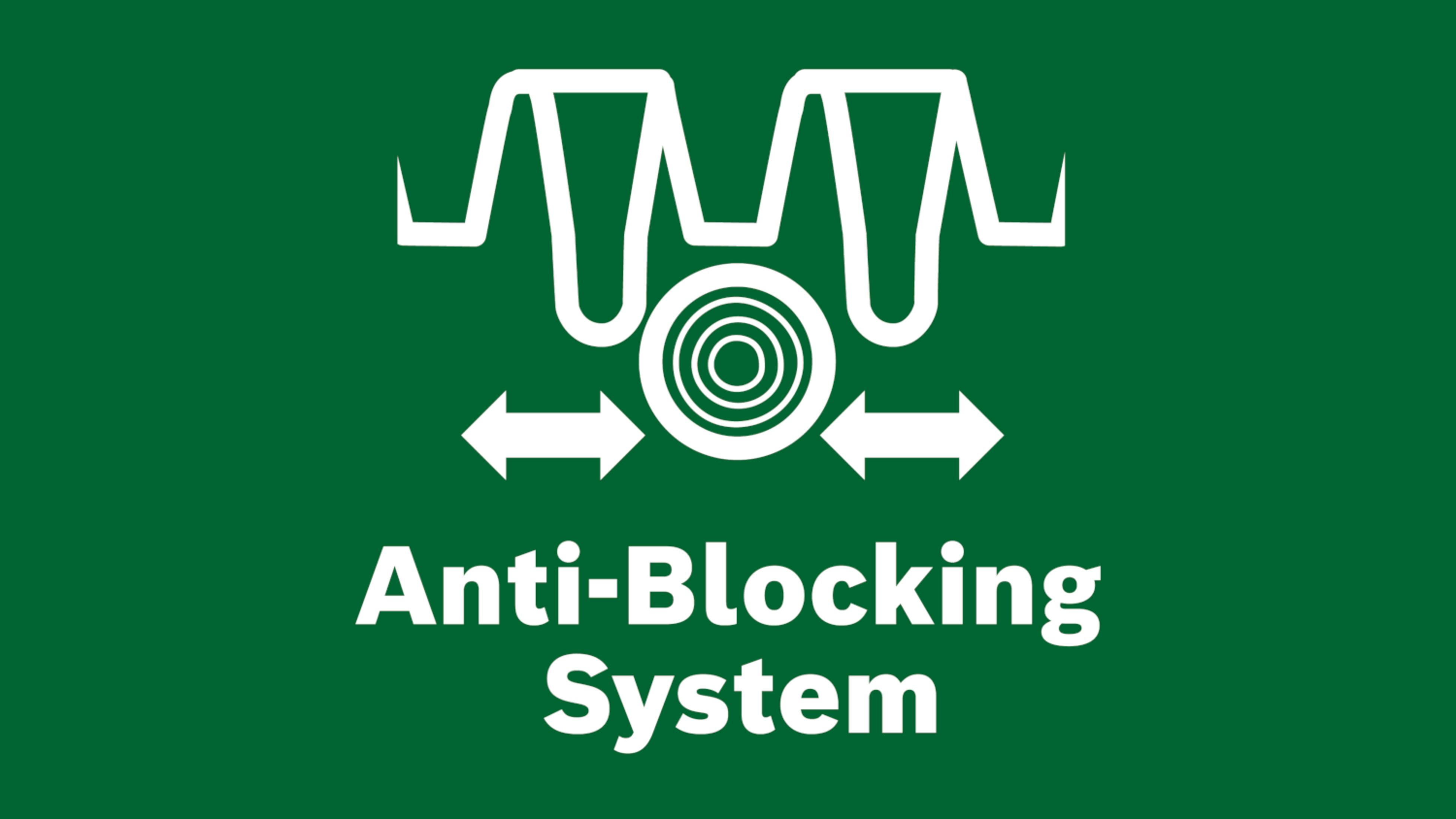 Weißes Anti-Blockier-System-Symbol mit Wellen und Pfeilen auf grünem Hintergrund.
