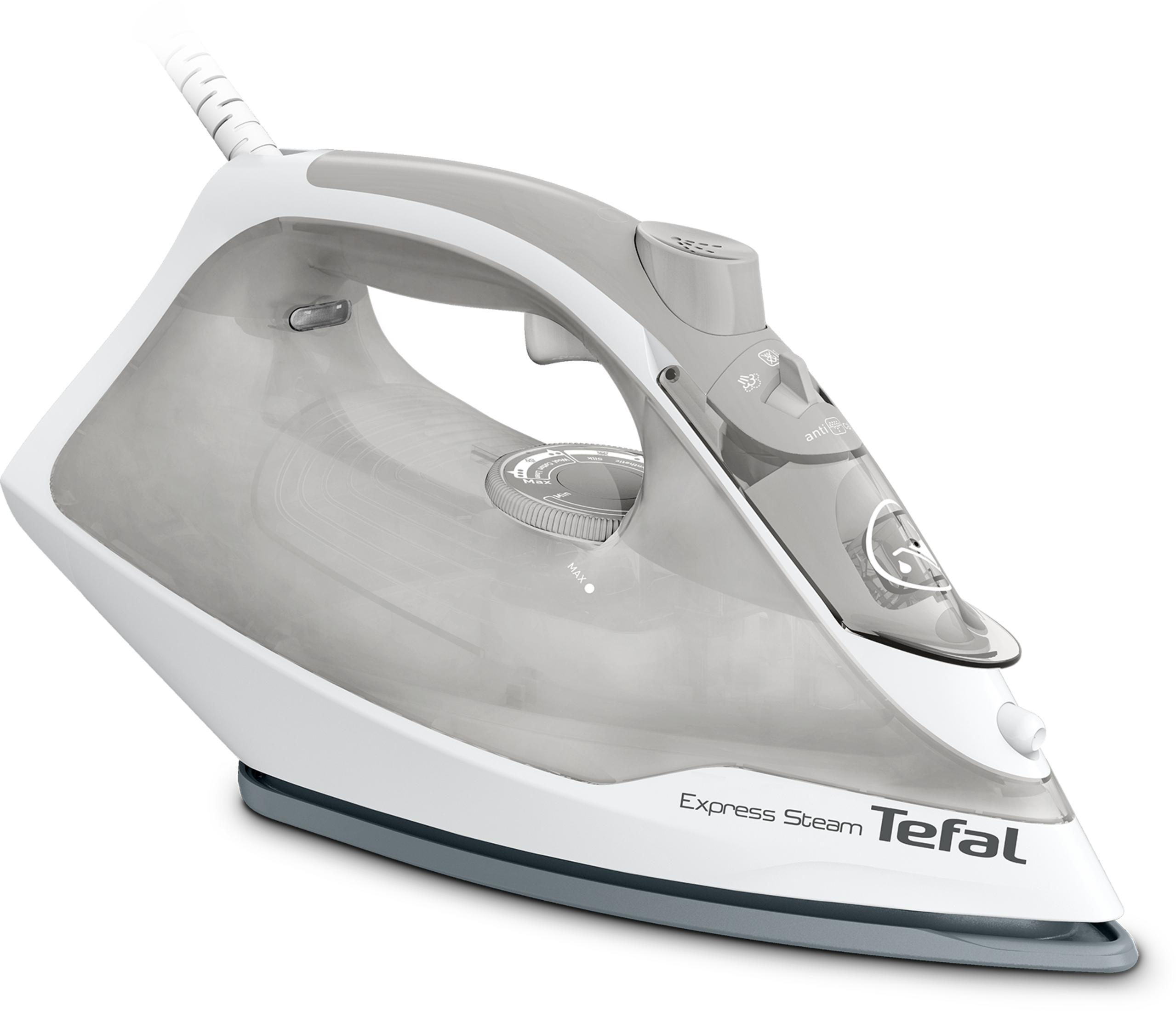 Ein weiß-graues Tefal Express Steam Bügeleisen auf weißem Hintergrund.