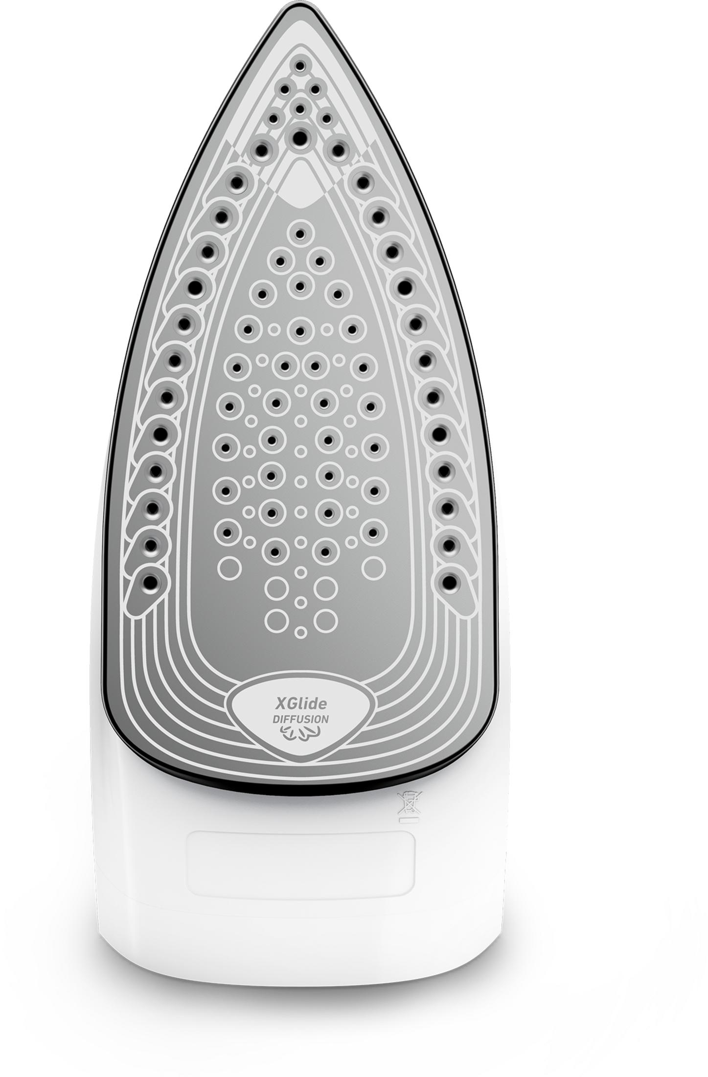 Unterseite eines weißen Bügeleisens mit XGlide Diffusion Sohle und Dampflöchern.