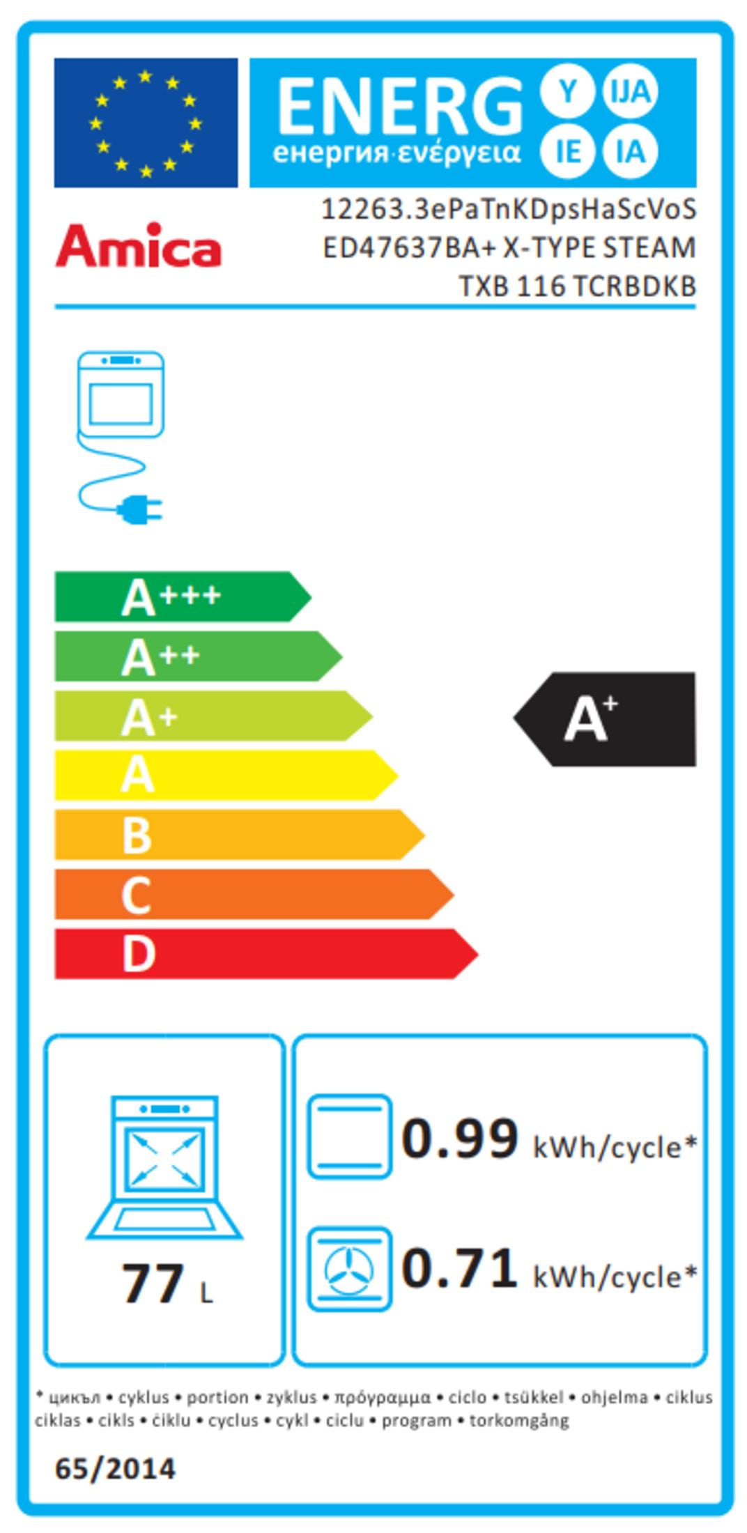 Etykieta energetyczna piekarnika Amica A+ z pojemnością 77L i zużyciem energii.