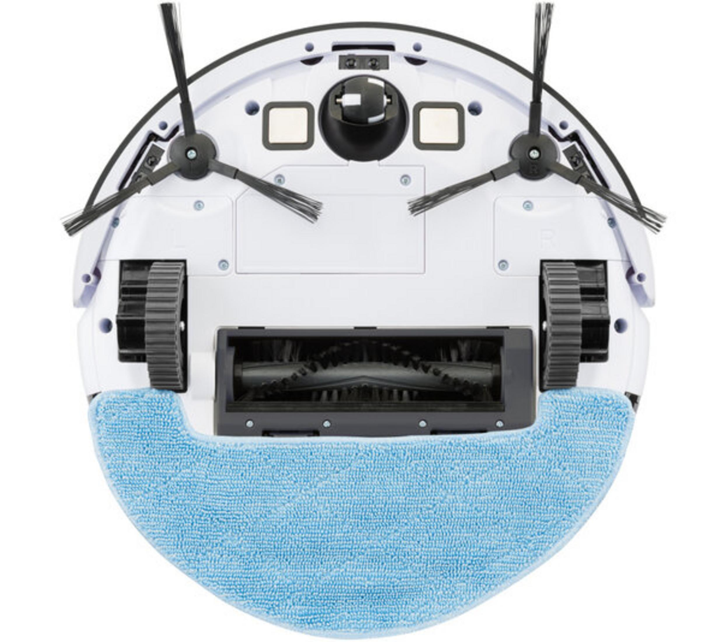 Vista dal basso di un robot aspirapolvere bianco con due spazzole laterali, spazzola a rullo, ruote e panno blu.