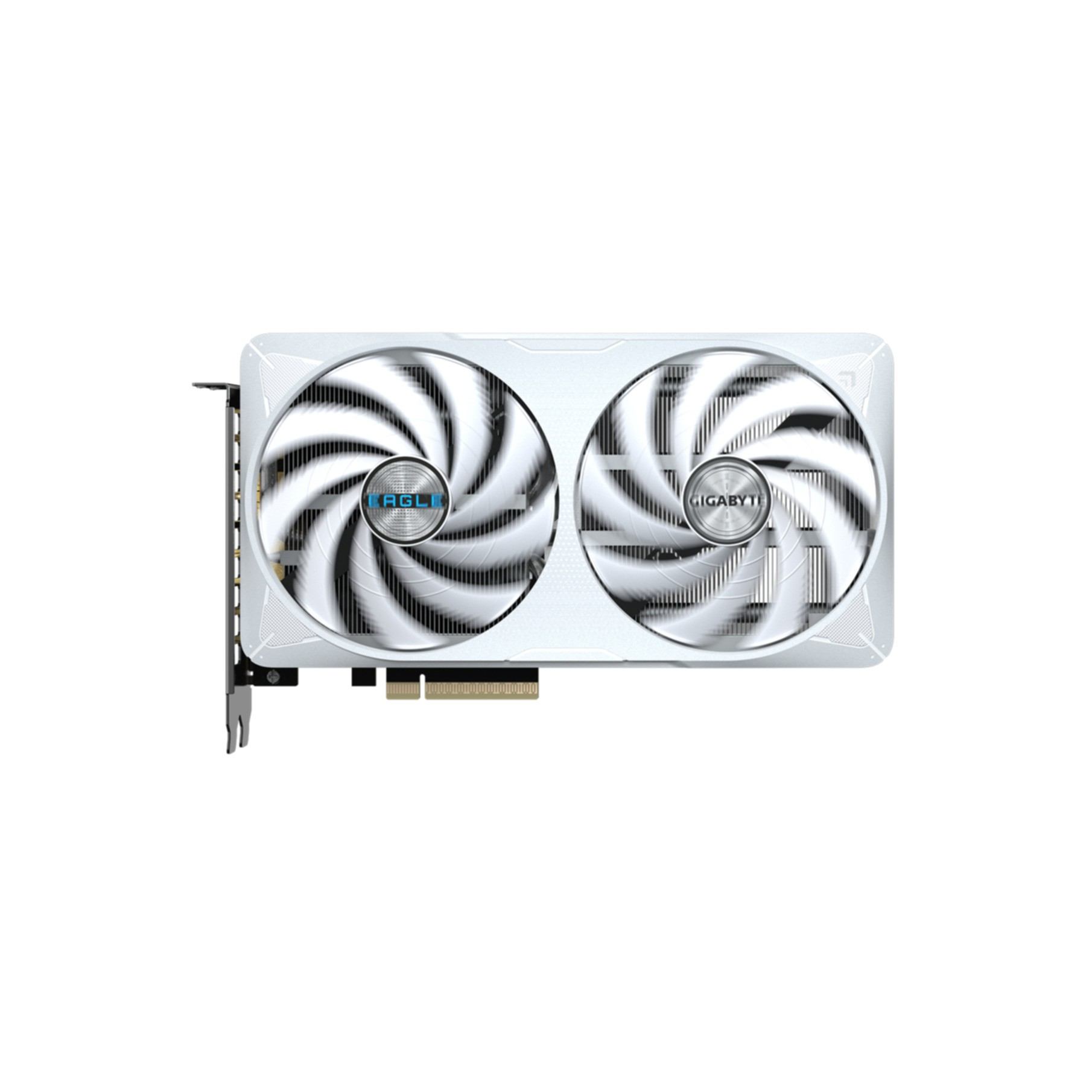Weiße Gigabyte Eagle Grafikkarte mit zwei rotierenden Lüftern auf weißem Hintergrund.