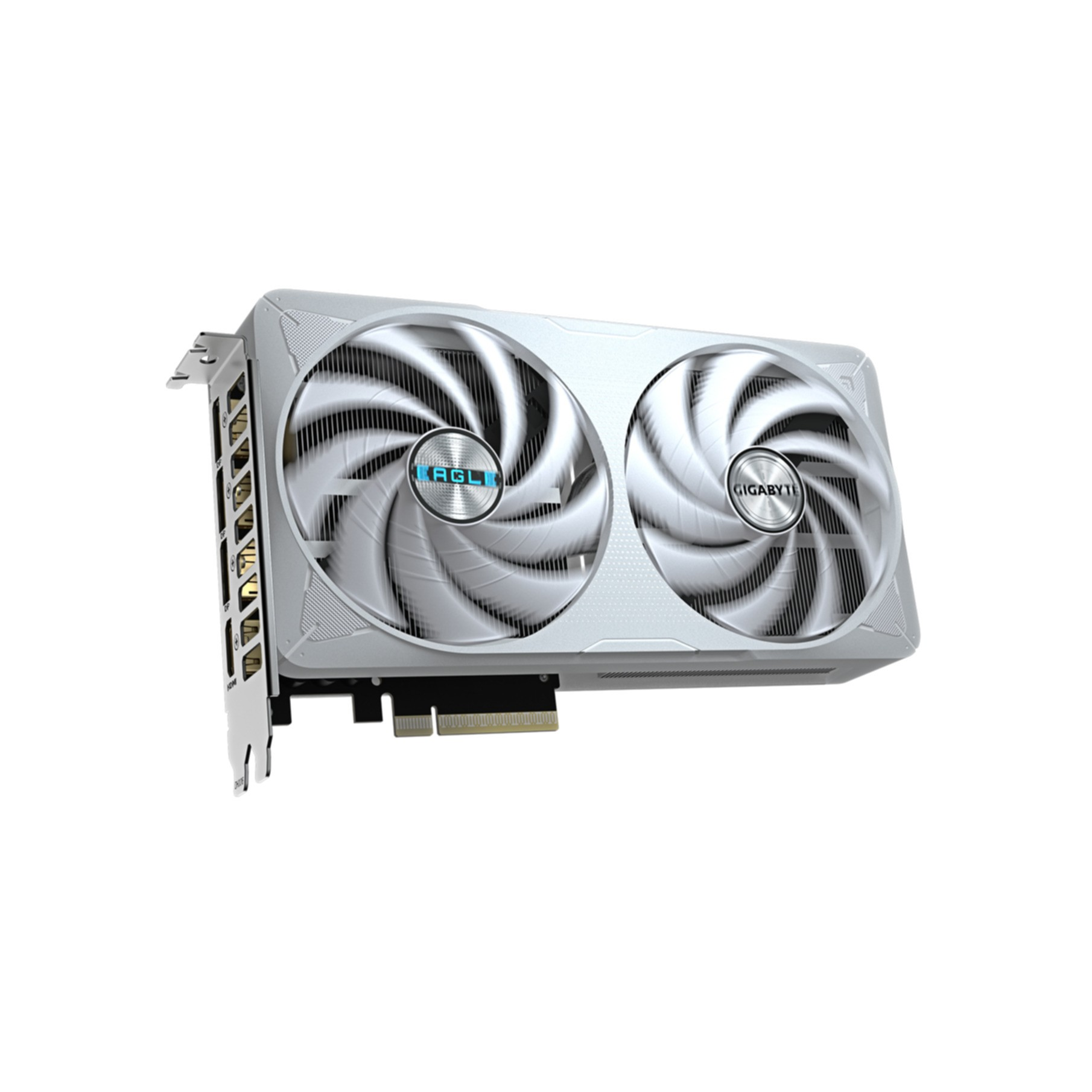 Eine silberne Gigabyte-Grafikkarte mit zwei großen, gemusterten Lüftern und sichtbarem PCI-Anschluss vor weißem Hintergrund.