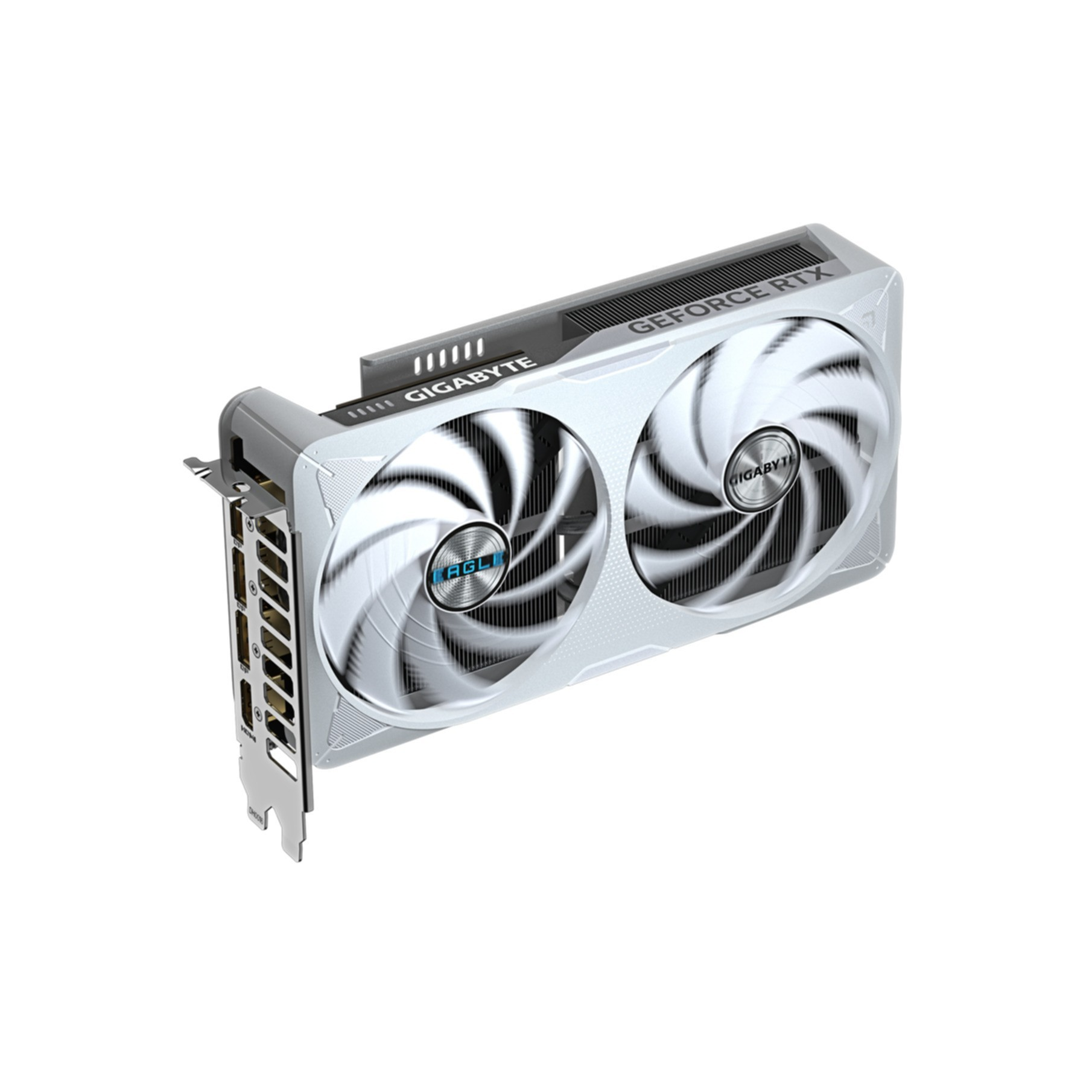 Eine weiße Gigabyte GeForce RTX Grafikkarte mit zwei rotierenden Lüftern und Metallhalterung auf weißem Grund.
