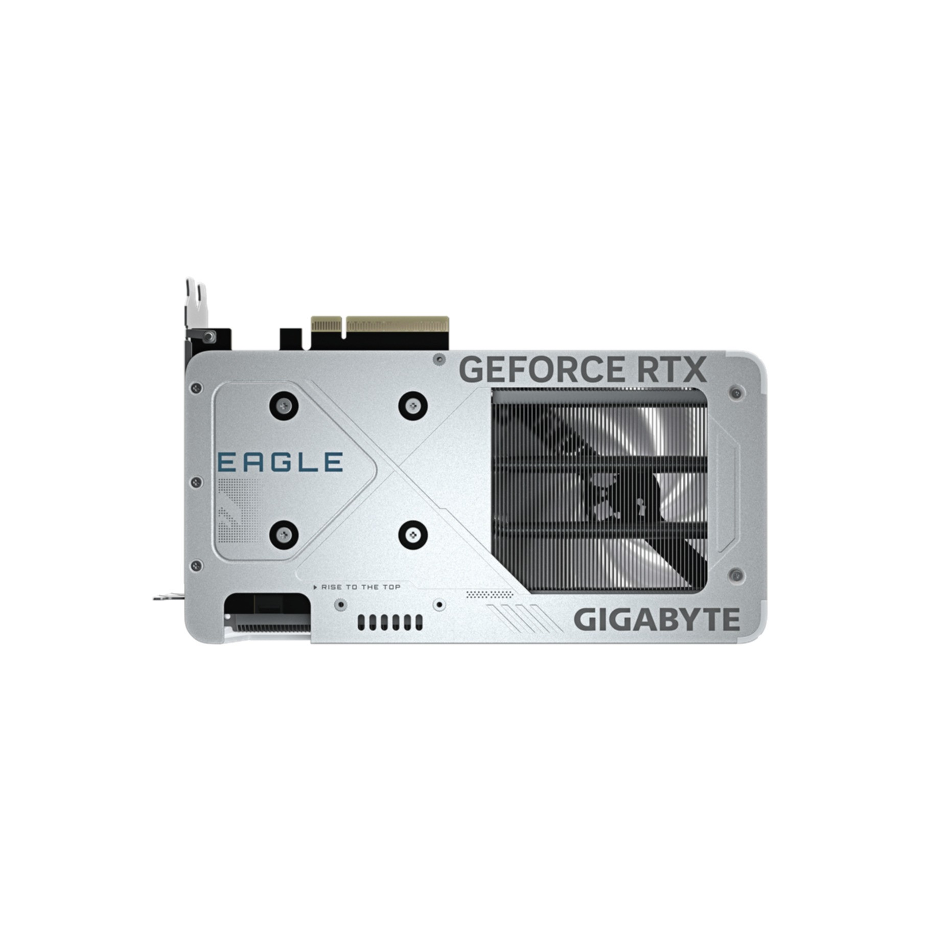 Eine silberne Gigabyte Eagle GeForce RTX Grafikkarte mit Lüfter, seitlich vor weißem Hintergrund.