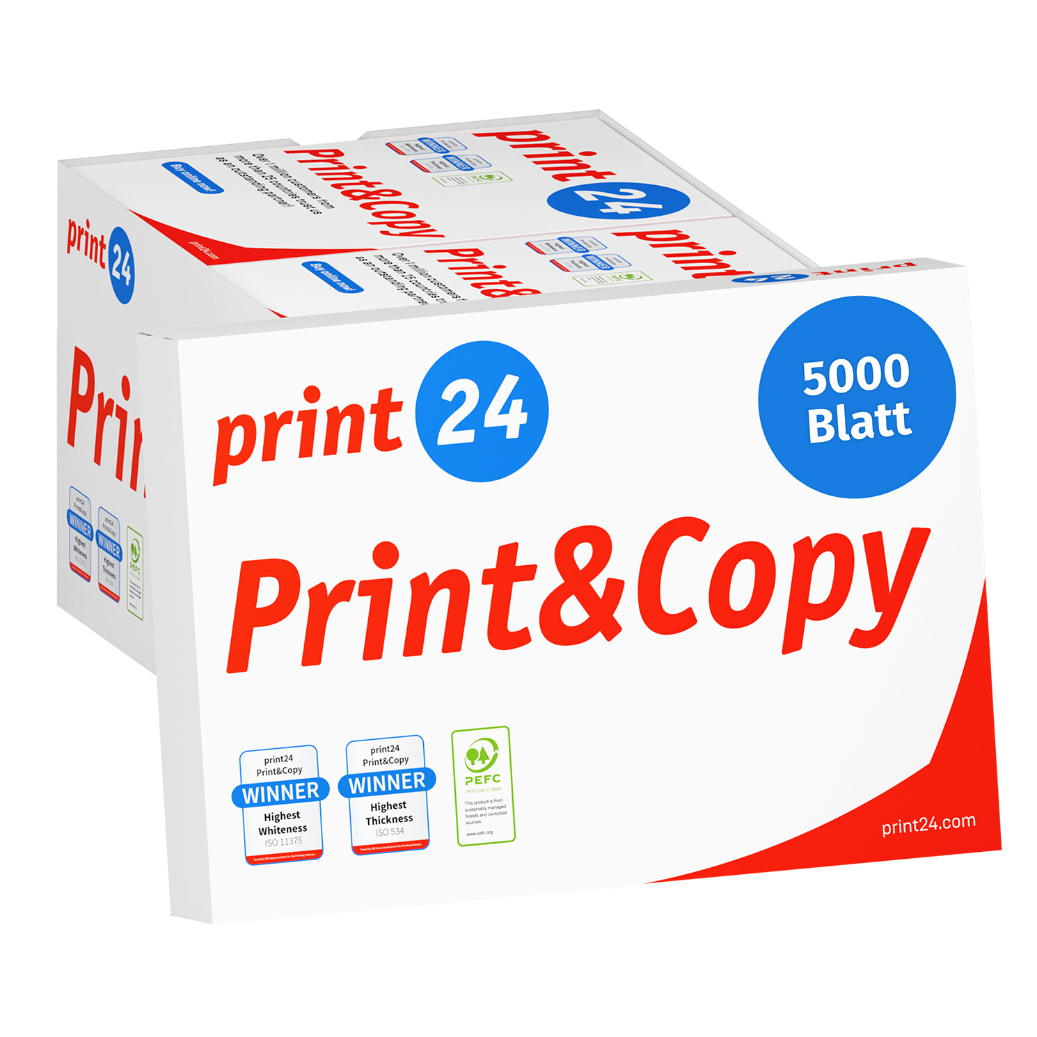 Dos cajas blancas de papel Print & Copy con marca roja y azul, 5000 Blatt y certificado PEFC.