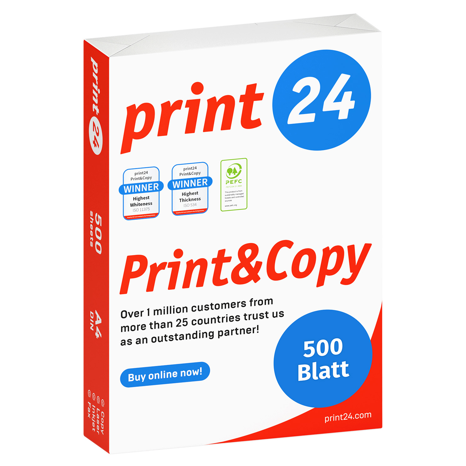 Eine weiße A4 Papierverpackung mit rotem und blauem Aufdruck print 24, PEFC-Siegel und 500 Blatt Angabe.