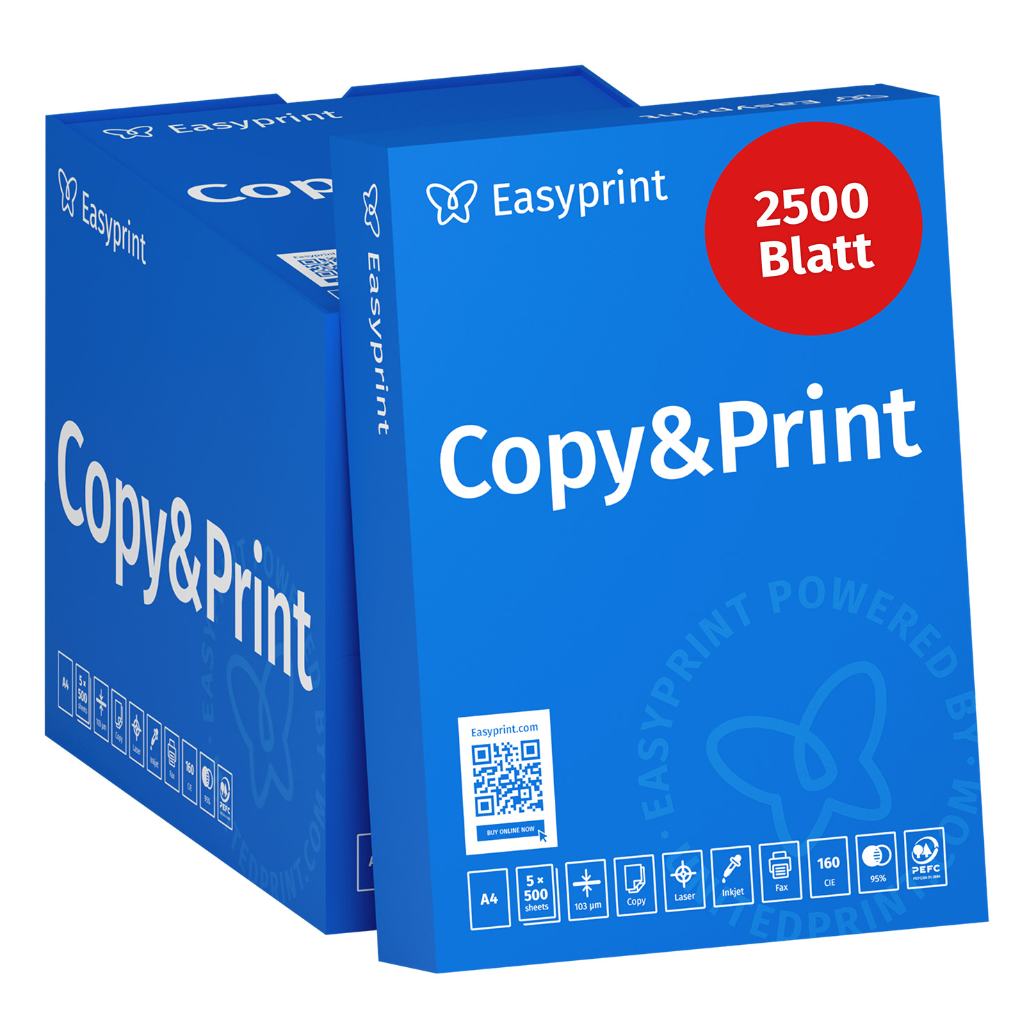 Dos cajas de papel azul Copy&Print de Easyprint con texto blanco y un círculo rojo que indica 2500 hojas.