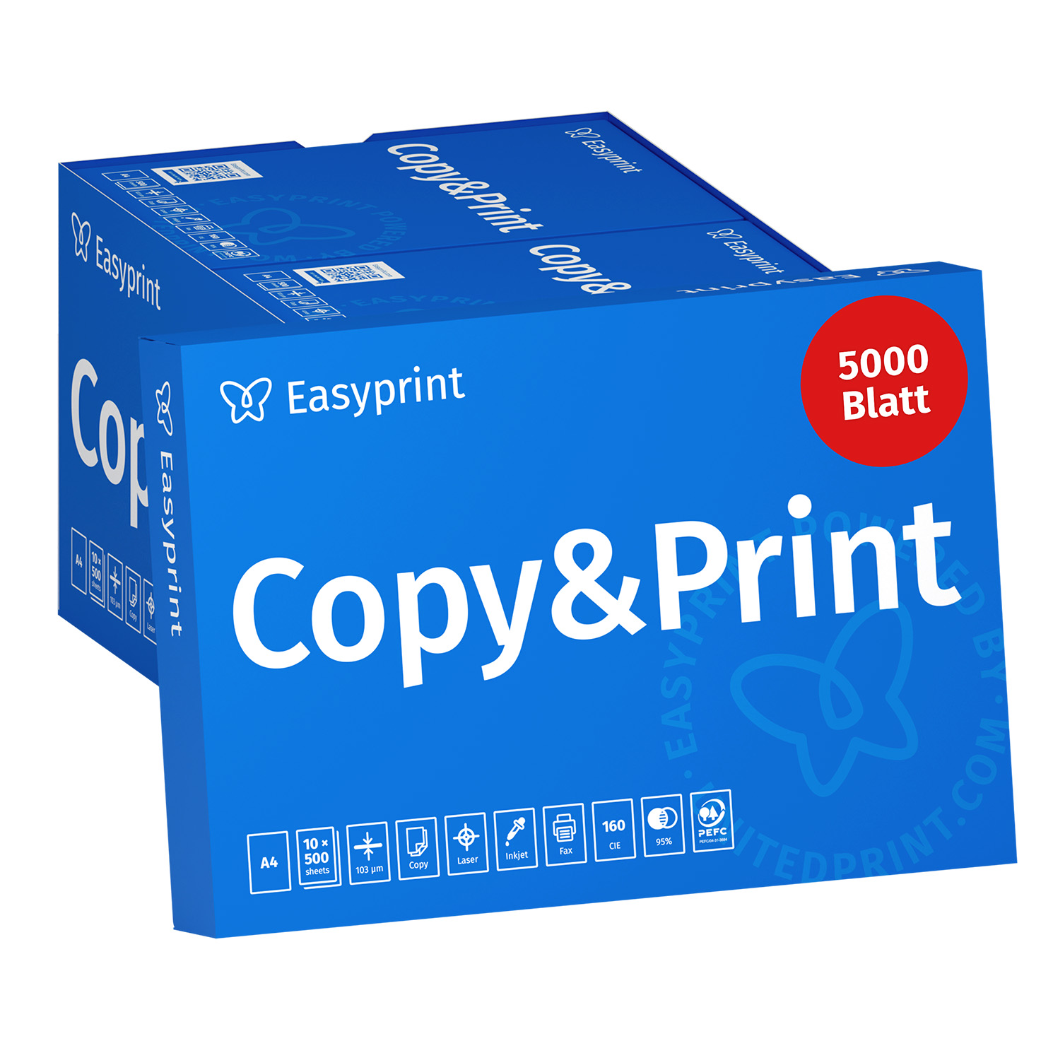 Dos cajas azules de papel de copia Easyprint con texto blanco y un círculo rojo que dice 5000 Blatt.