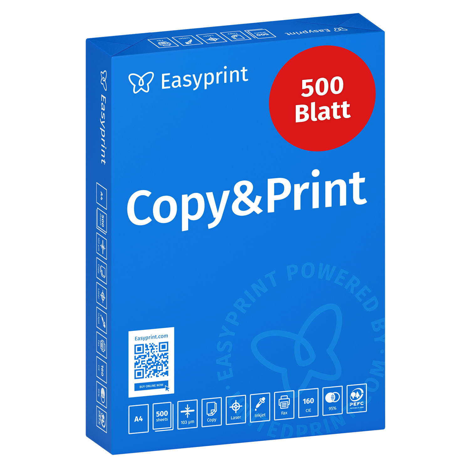 Empaque azul de papel para impresora Easyprint Copy&Print con un círculo rojo de 500 hojas.